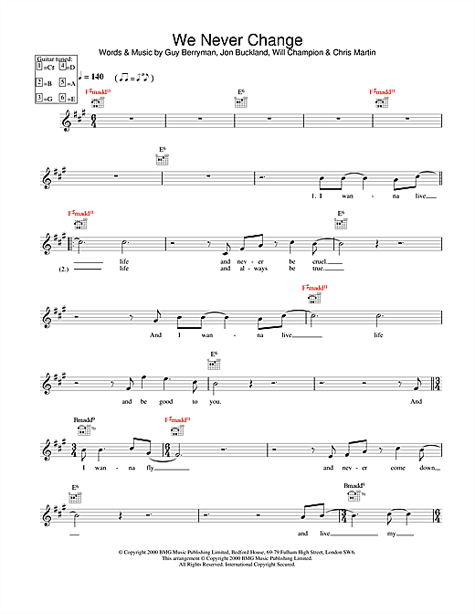 Preview Coldplay We Never Change Pop sheet music, notes and chords for Piano, Vocal & Guitar, SKU: 17688 We Never Change sheet music