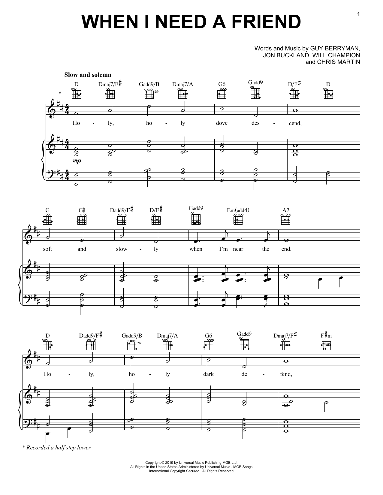Coldplay When I Need A Friend Sheet Music Notes & Chords for Piano, Vocal & Guitar (Right-Hand Melody) - Download or Print PDF