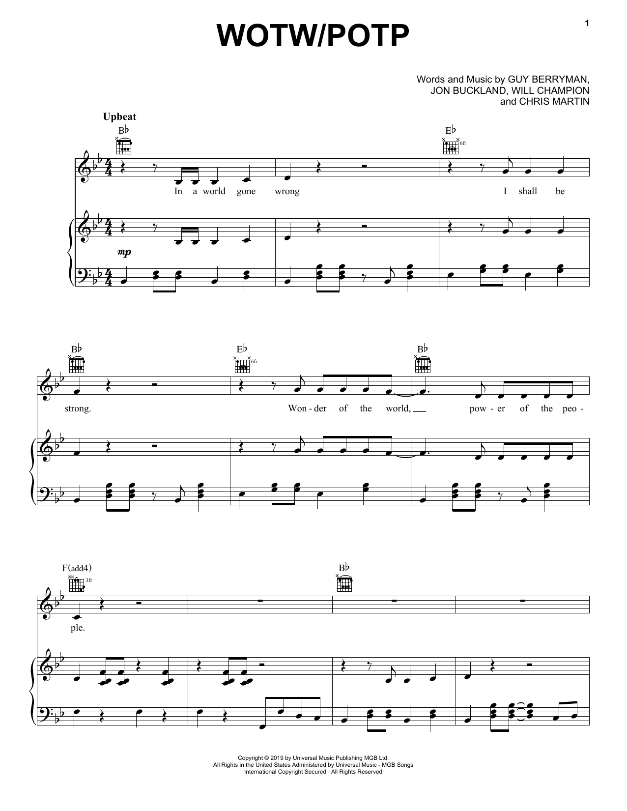 Coldplay WOTW / POTP Sheet Music Notes & Chords for Piano, Vocal & Guitar (Right-Hand Melody) - Download or Print PDF
