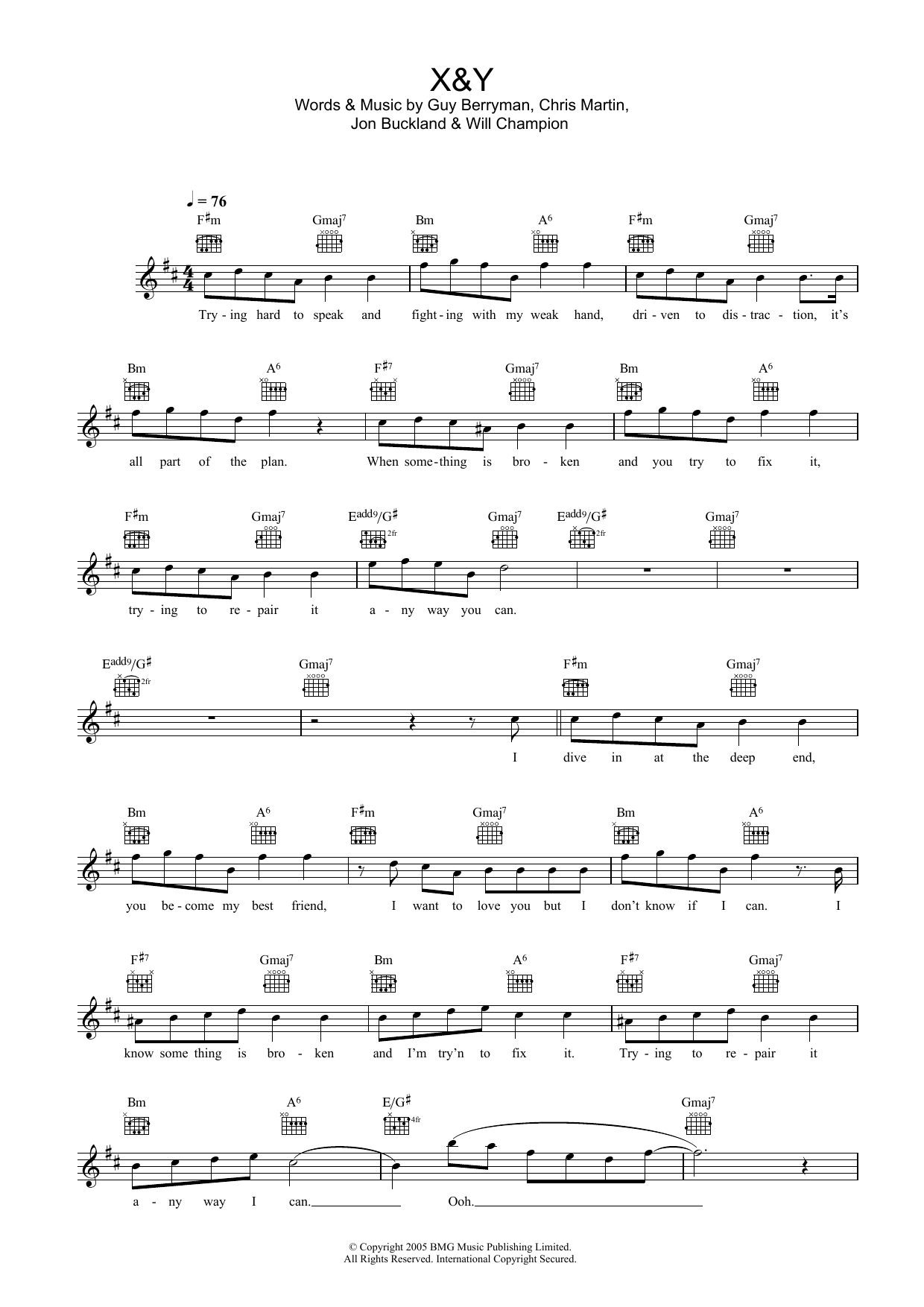 Coldplay X and Y Sheet Music Notes & Chords for Guitar Chords/Lyrics - Download or Print PDF