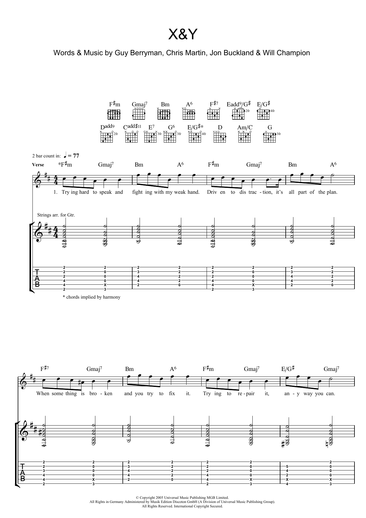Coldplay X and Y Sheet Music Notes & Chords for Guitar Chords/Lyrics - Download or Print PDF