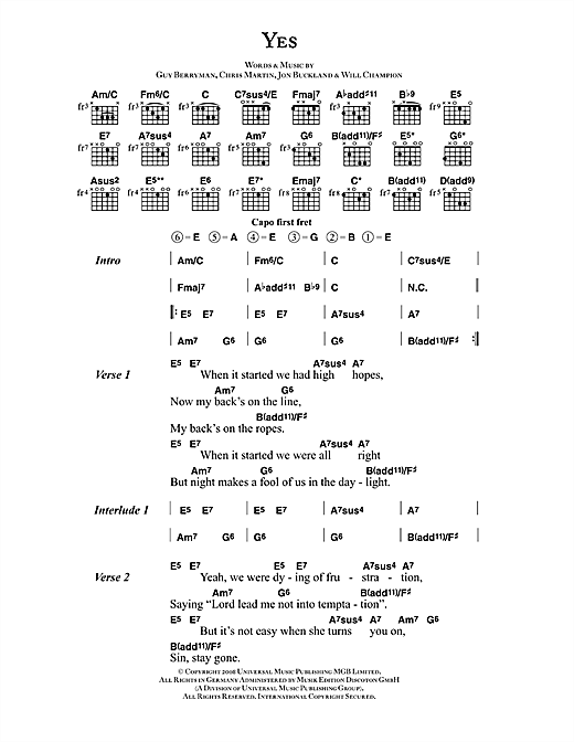 Coldplay Yes Sheet Music Notes & Chords for Piano, Vocal & Guitar - Download or Print PDF