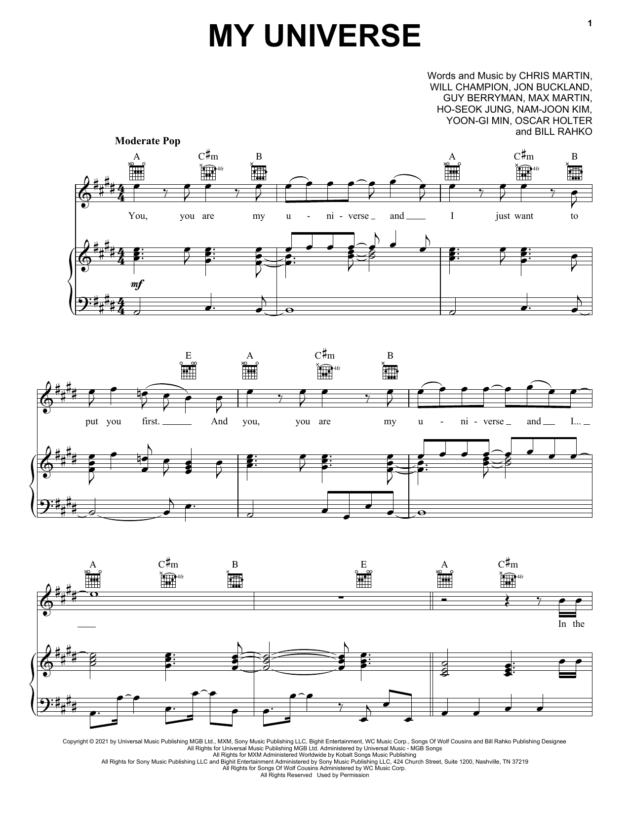 Preview Coldplay & BTS My Universe Pop sheet music, notes and chords for Piano, Vocal & Guitar (Right-Hand Melody), SKU: 509440 My Universe sheet music