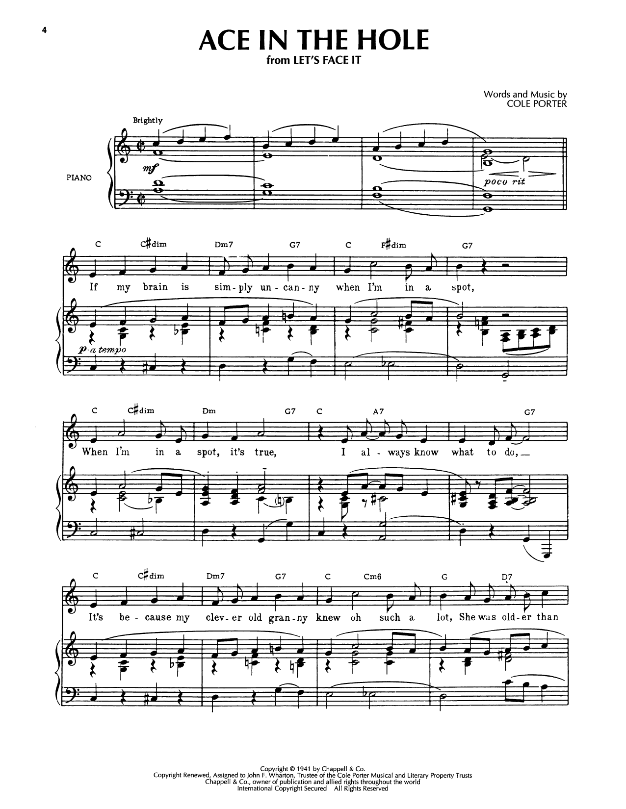 Cole Porter Ace In The Hole (from Let's Face It) Sheet Music Notes & Chords for Piano, Vocal & Guitar Chords (Right-Hand Melody) - Download or Print PDF
