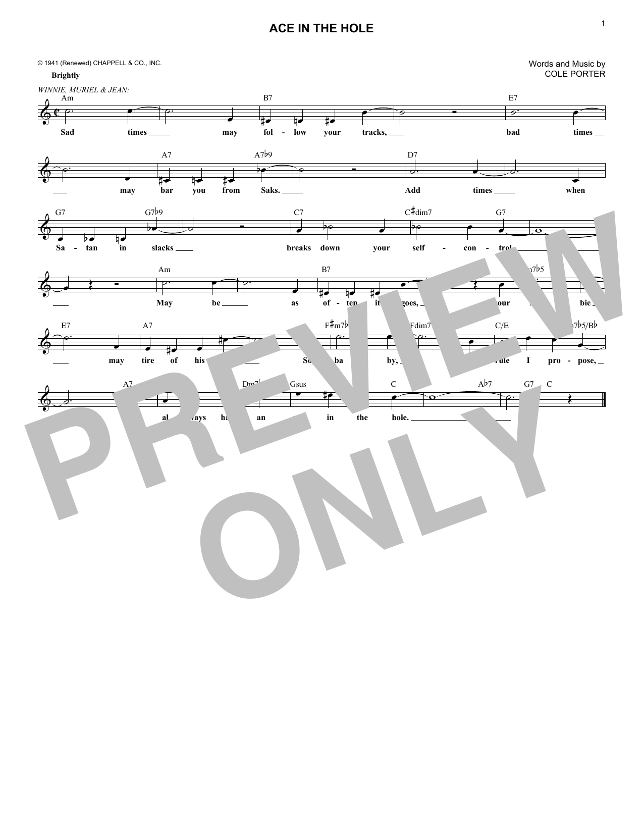 Cole Porter Ace In The Hole Sheet Music Notes & Chords for Melody Line, Lyrics & Chords - Download or Print PDF