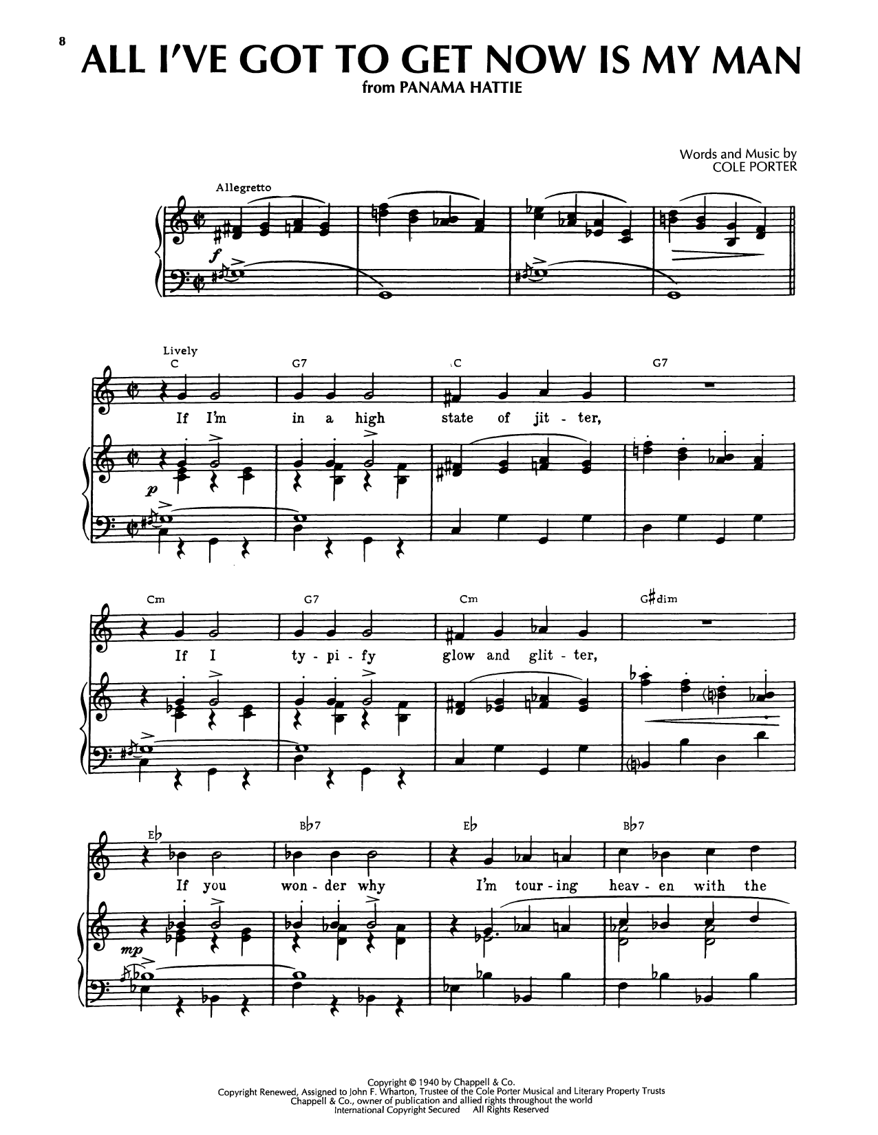 Cole Porter All I've Got To Get Now Is My Man (from Panama Hattie) Sheet Music Notes & Chords for Piano, Vocal & Guitar Chords (Right-Hand Melody) - Download or Print PDF