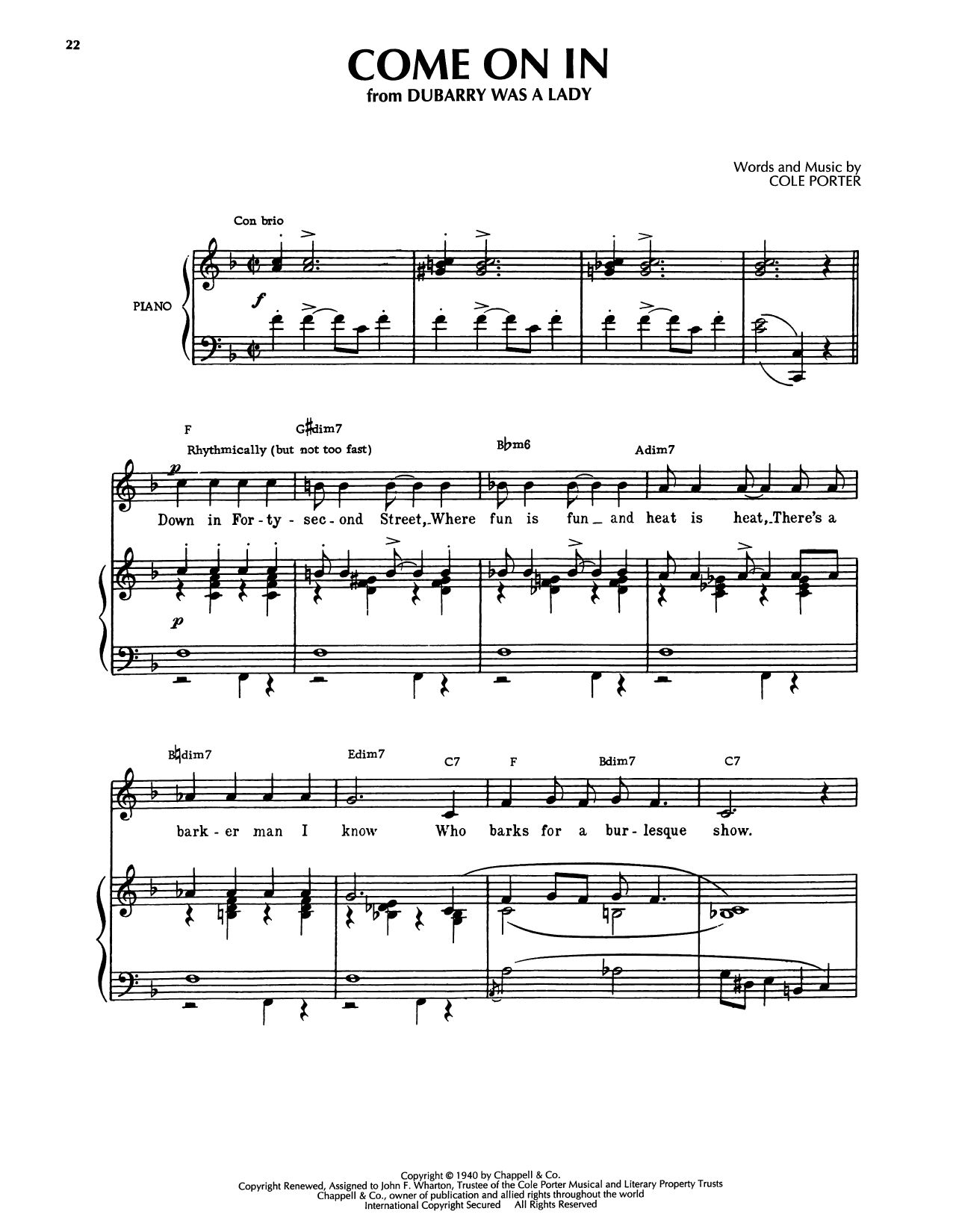Cole Porter Come On In (from Kiss Me, Kate) Sheet Music Notes & Chords for Piano, Vocal & Guitar Chords (Right-Hand Melody) - Download or Print PDF