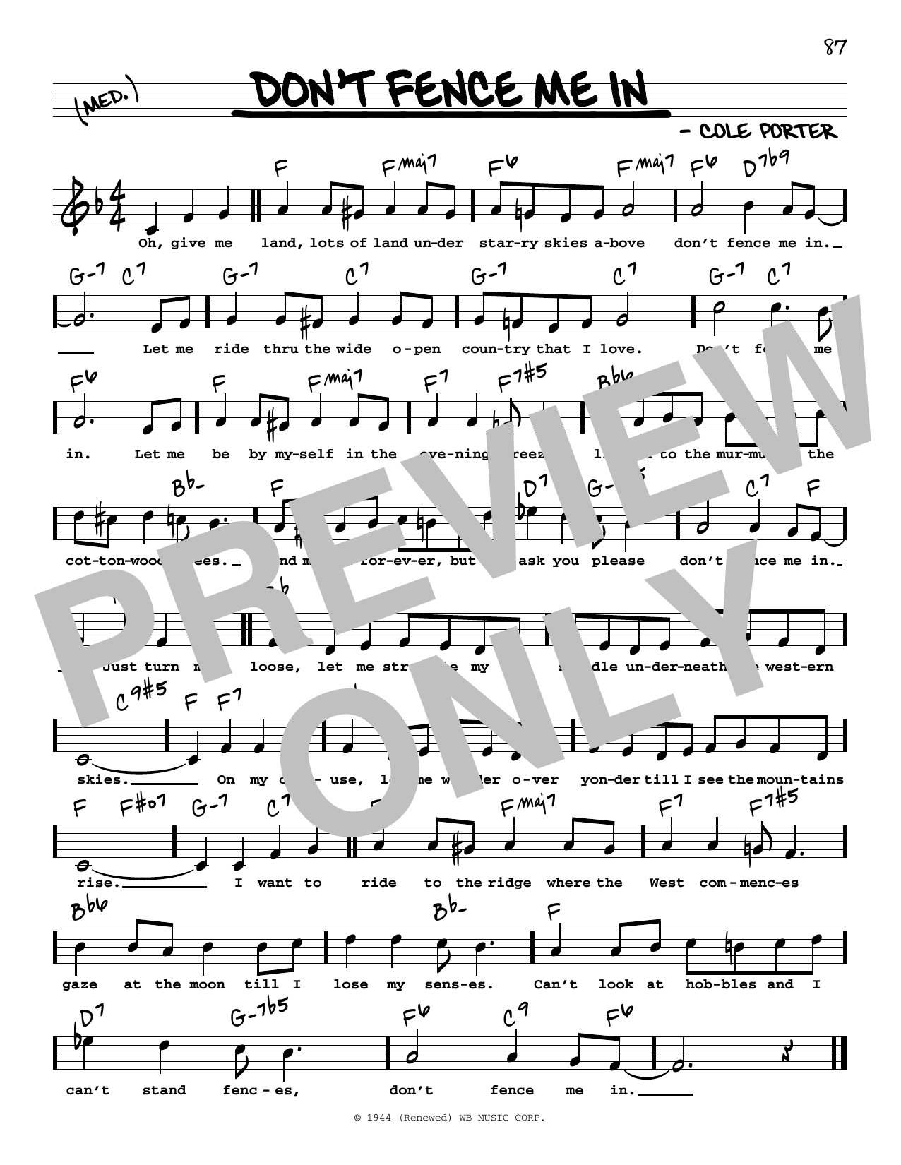 Cole Porter Don't Fence Me In (High Voice) Sheet Music Notes & Chords for Real Book – Melody, Lyrics & Chords - Download or Print PDF