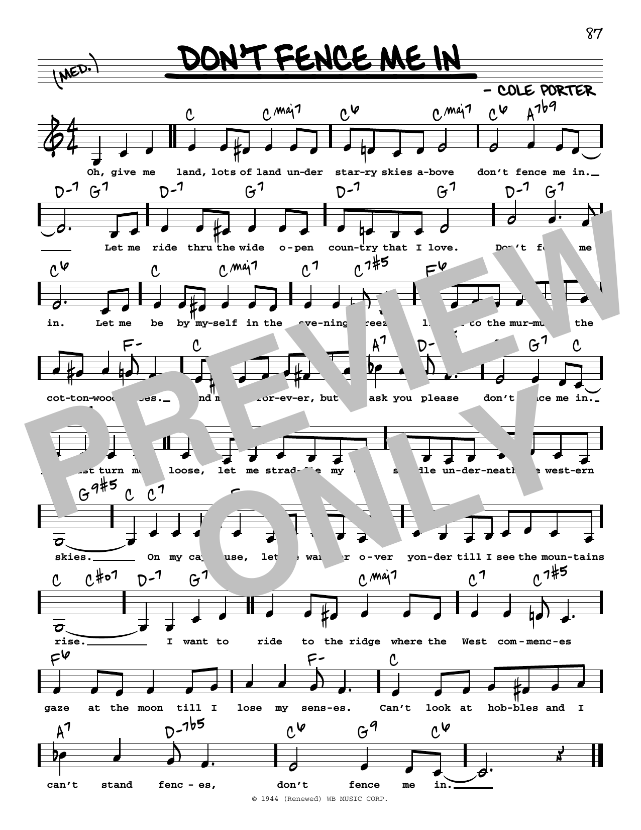 Cole Porter Don't Fence Me In (Low Voice) Sheet Music Notes & Chords for Real Book – Melody, Lyrics & Chords - Download or Print PDF