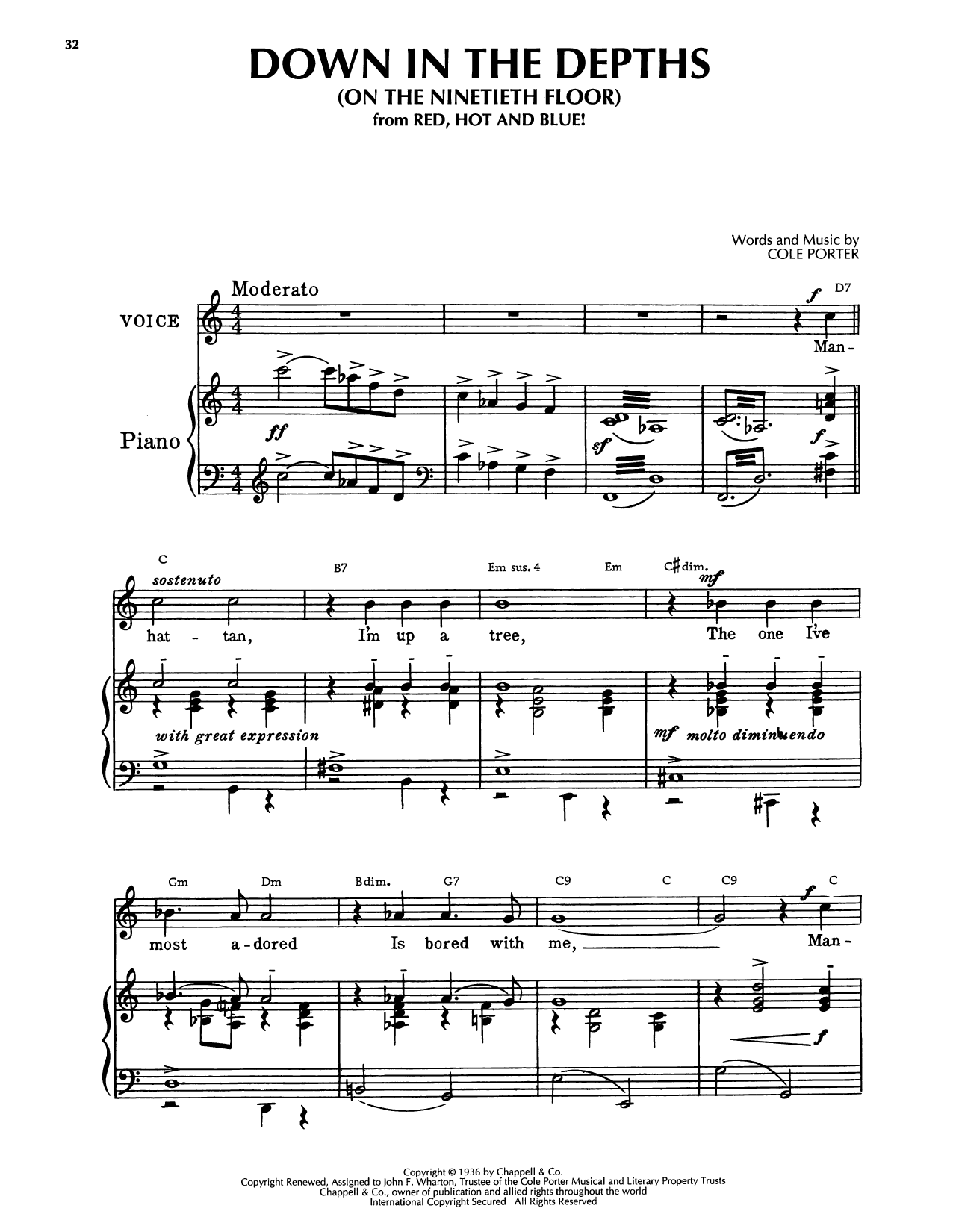 Cole Porter Down In The Depths (On The Ninetieth Floor) (from Red, Hot And Blue) Sheet Music Notes & Chords for Piano, Vocal & Guitar Chords (Right-Hand Melody) - Download or Print PDF
