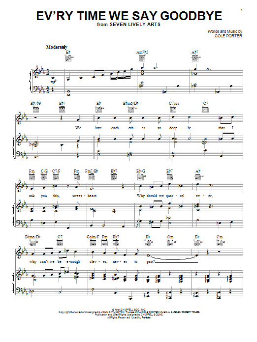 Cole Porter Ev'ry Time We Say Goodbye Sheet Music Notes & Chords for Easy Guitar Tab - Download or Print PDF