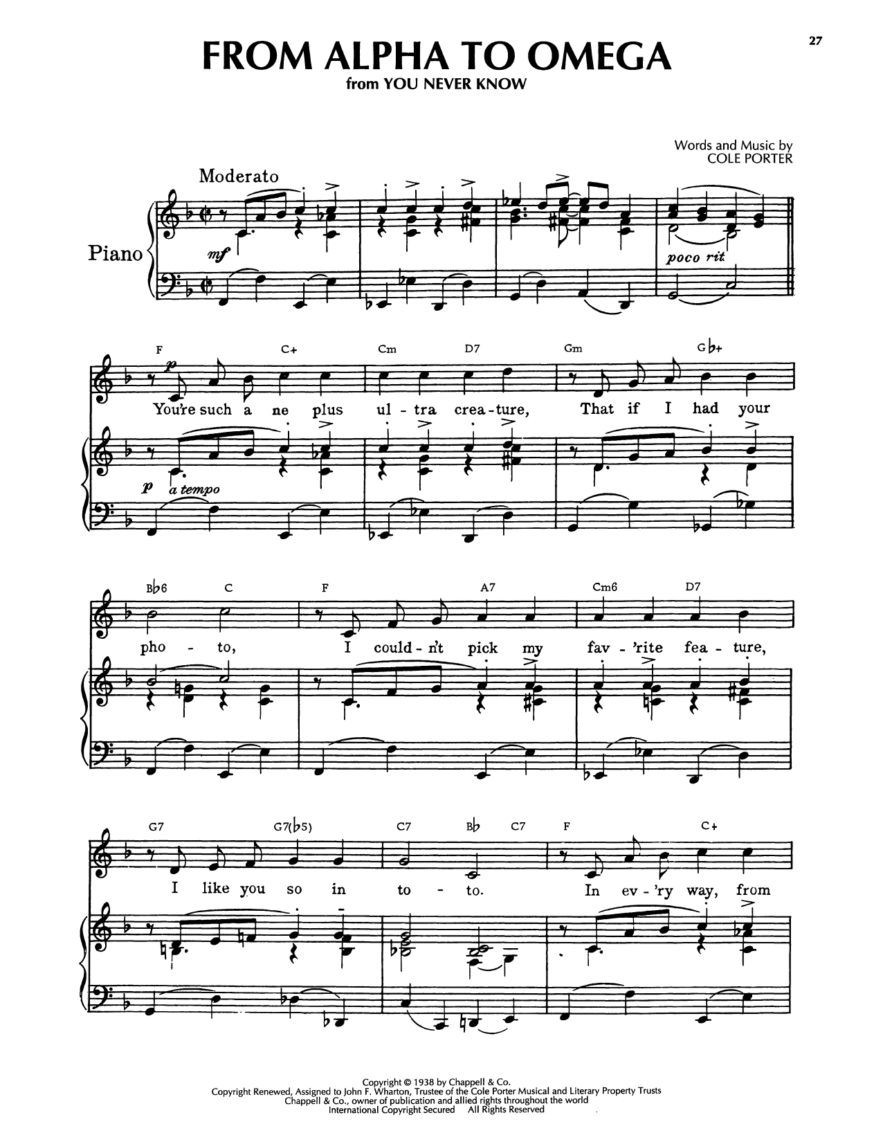 Cole Porter From Alpha To Omega (from At Long Last Love) Sheet Music Notes & Chords for Piano, Vocal & Guitar Chords (Right-Hand Melody) - Download or Print PDF
