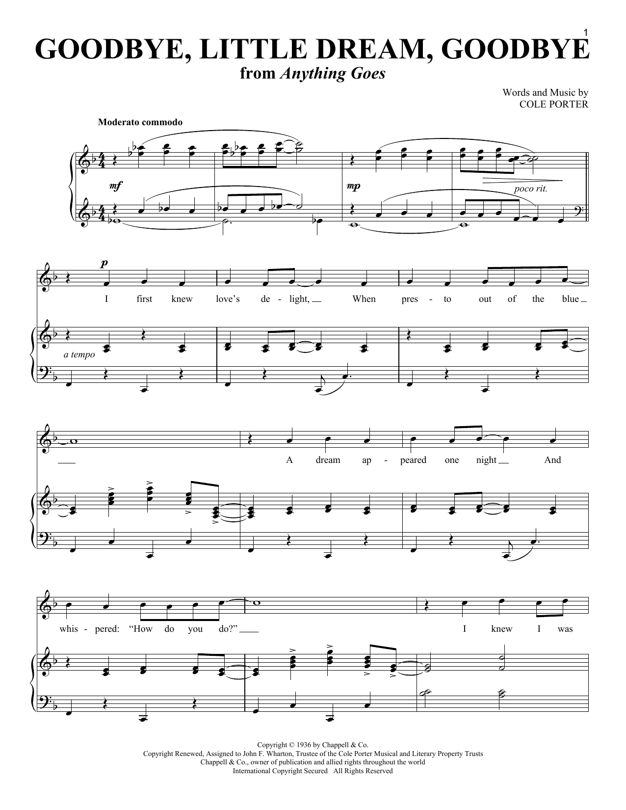 Cole Porter Goodbye, Little Dream, Goodbye (from Red, Hot, And Blue!) Sheet Music Notes & Chords for Piano & Vocal - Download or Print PDF