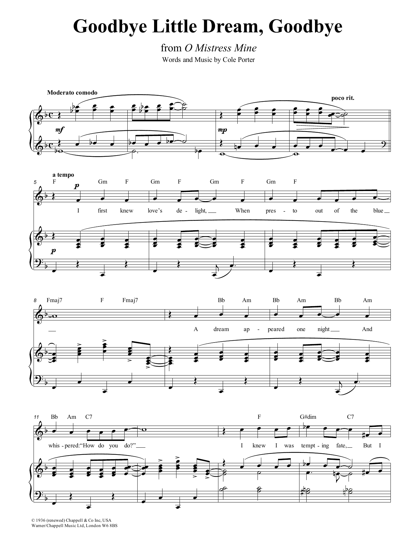 Cole Porter Goodbye, Little Dream, Goodbye Sheet Music Notes & Chords for Piano, Vocal & Guitar (Right-Hand Melody) - Download or Print PDF
