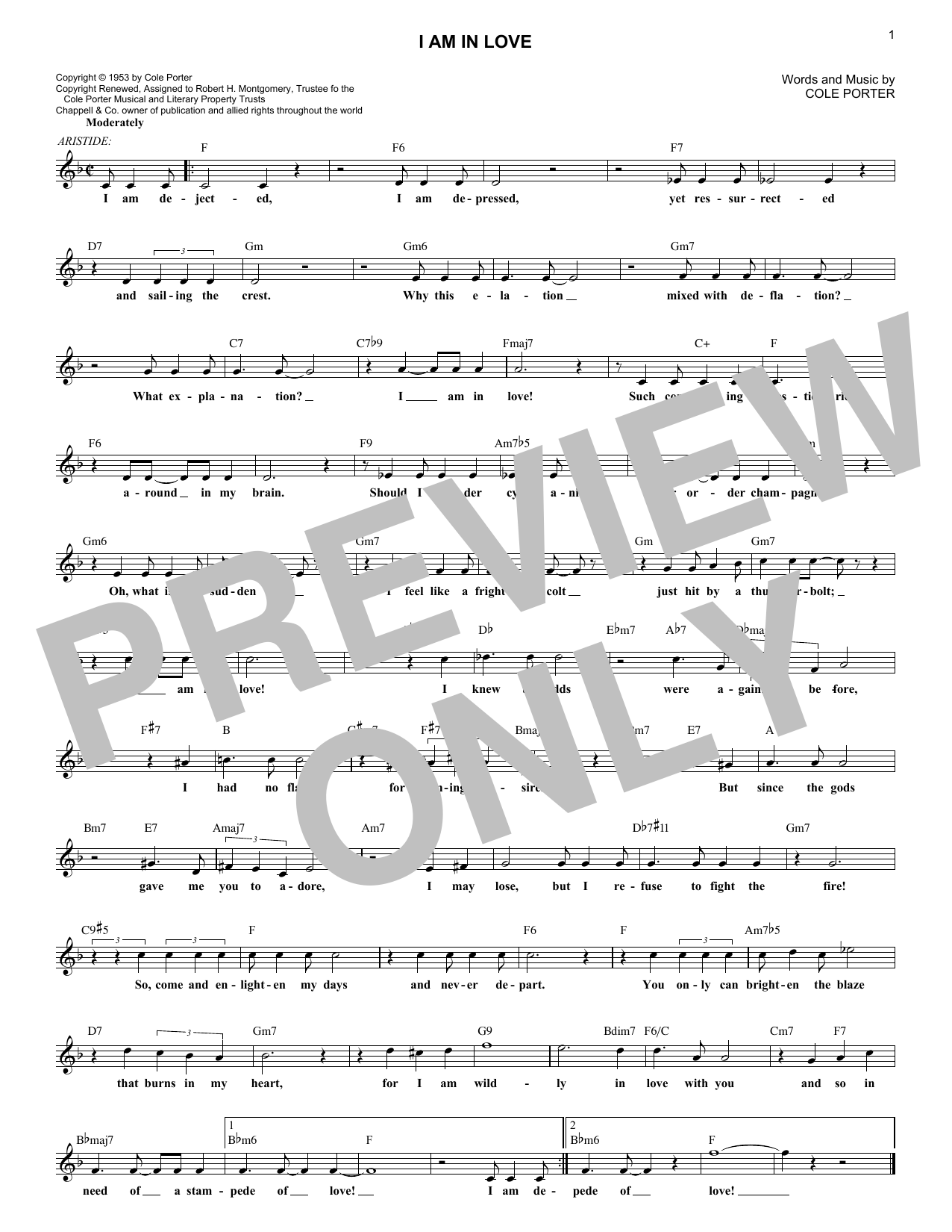 Cole Porter I Am In Love Sheet Music Notes & Chords for Melody Line, Lyrics & Chords - Download or Print PDF