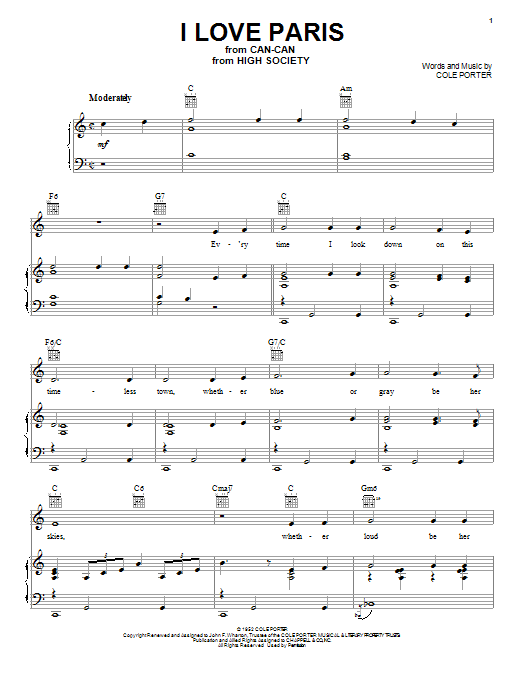 Cole Porter I Love Paris Sheet Music Notes & Chords for Melody Line, Lyrics & Chords - Download or Print PDF