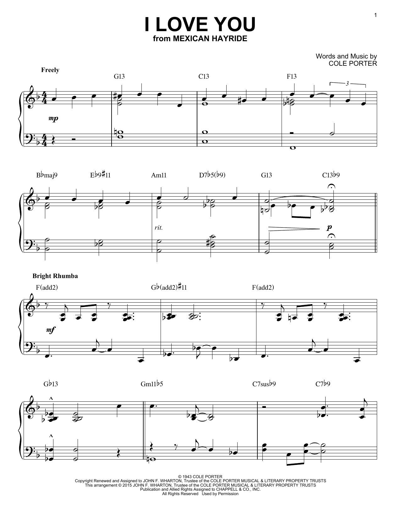 Cole Porter I Love You [Jazz version] (arr. Brent Edstrom) Sheet Music Notes & Chords for Piano - Download or Print PDF