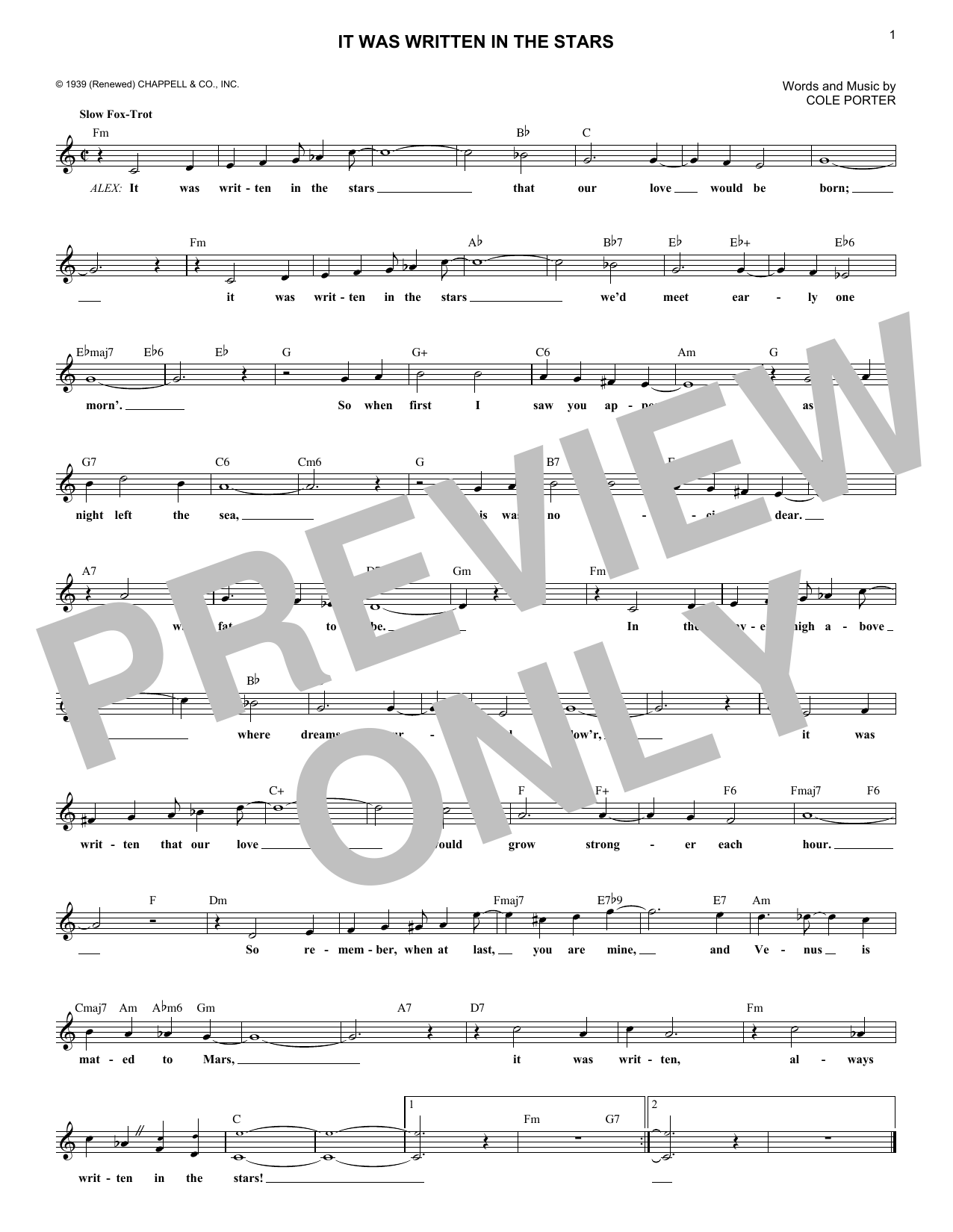 Cole Porter It Was Written In The Stars Sheet Music Notes & Chords for Melody Line, Lyrics & Chords - Download or Print PDF
