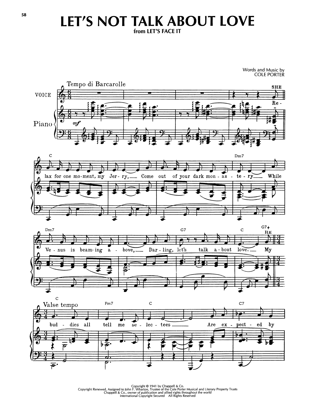 Cole Porter Let's Not Talk About Love (from Let's Face It) Sheet Music Notes & Chords for Piano, Vocal & Guitar Chords (Right-Hand Melody) - Download or Print PDF