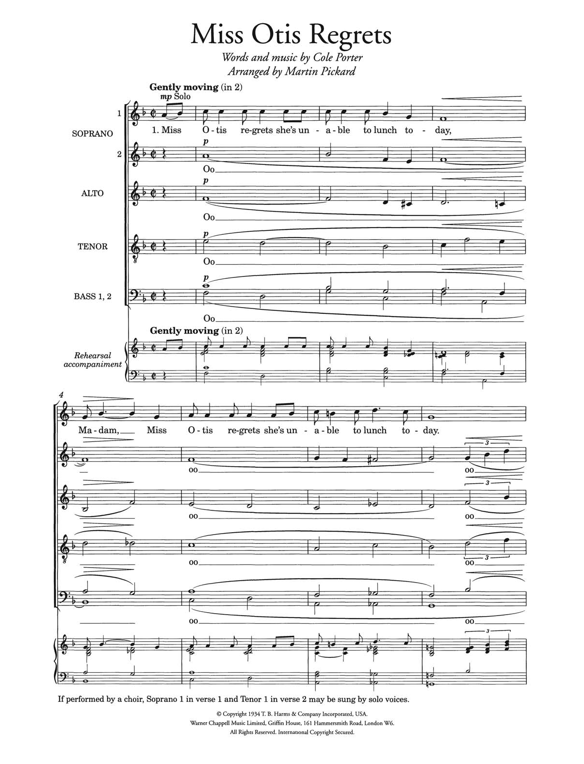 Cole Porter Miss Otis Regrets (arr. Martin Pickard) Sheet Music Notes & Chords for SSATBB Choir - Download or Print PDF