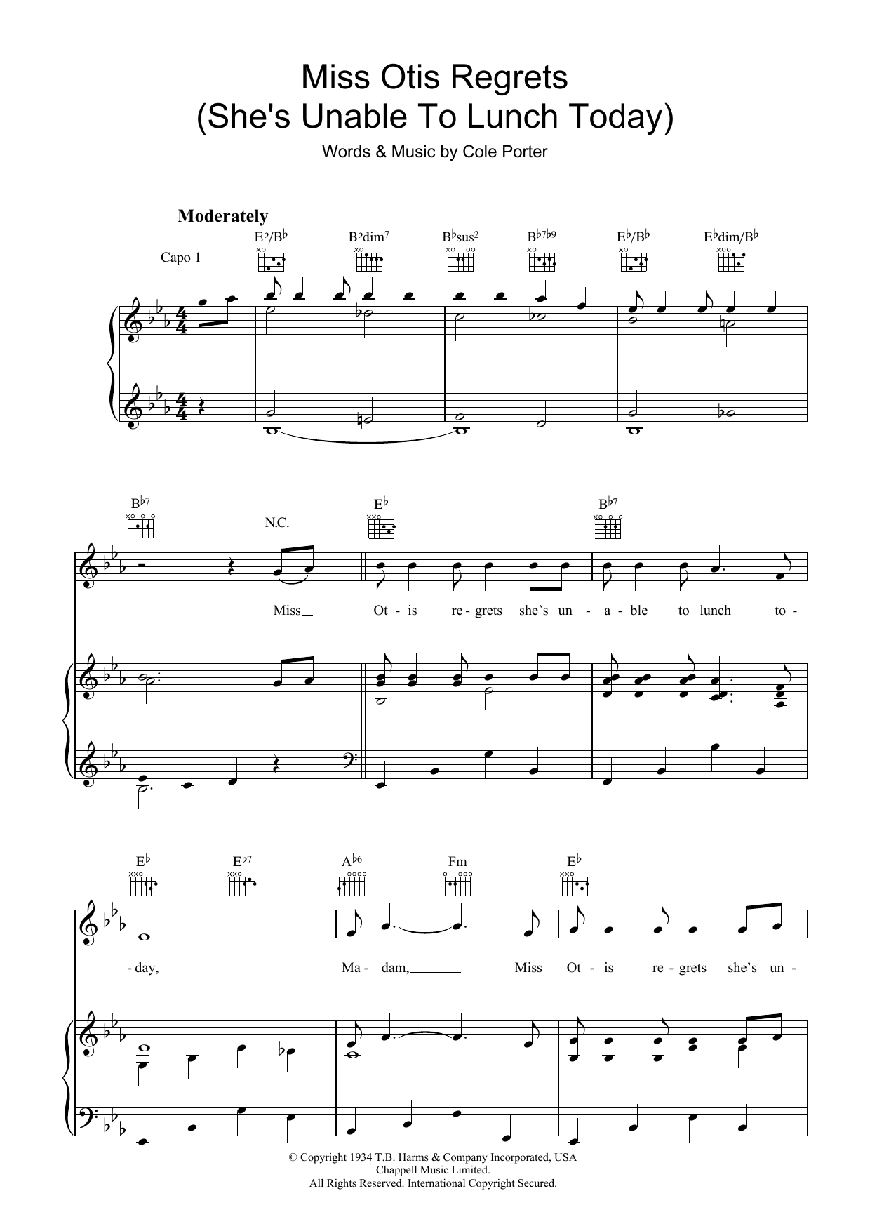 Cole Porter Miss Otis Regrets Sheet Music Notes & Chords for Piano, Vocal & Guitar (Right-Hand Melody) - Download or Print PDF