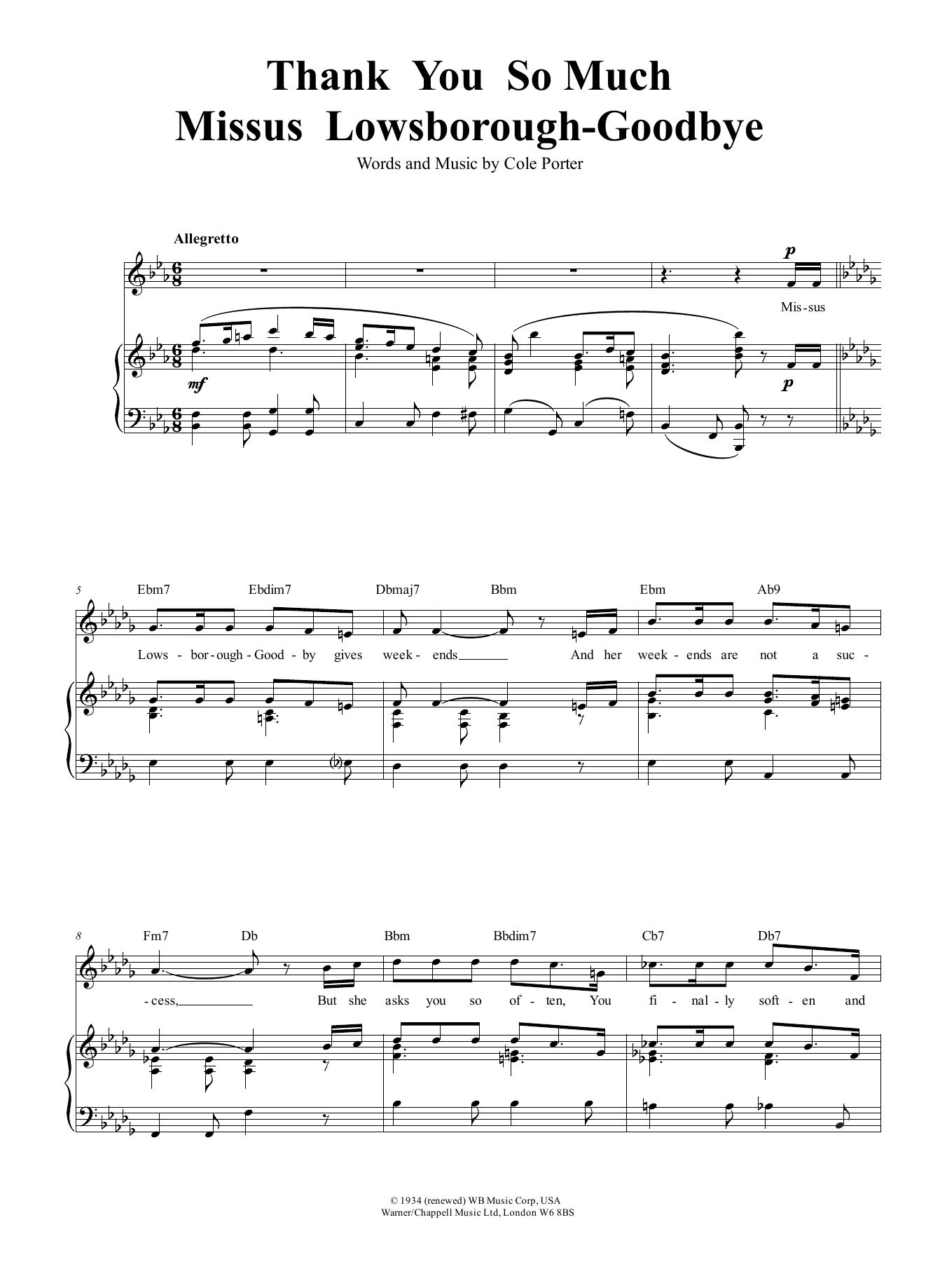 Cole Porter Thank You So Much, Mrs Lowsborough-Goodby Sheet Music Notes & Chords for Piano, Vocal & Guitar (Right-Hand Melody) - Download or Print PDF