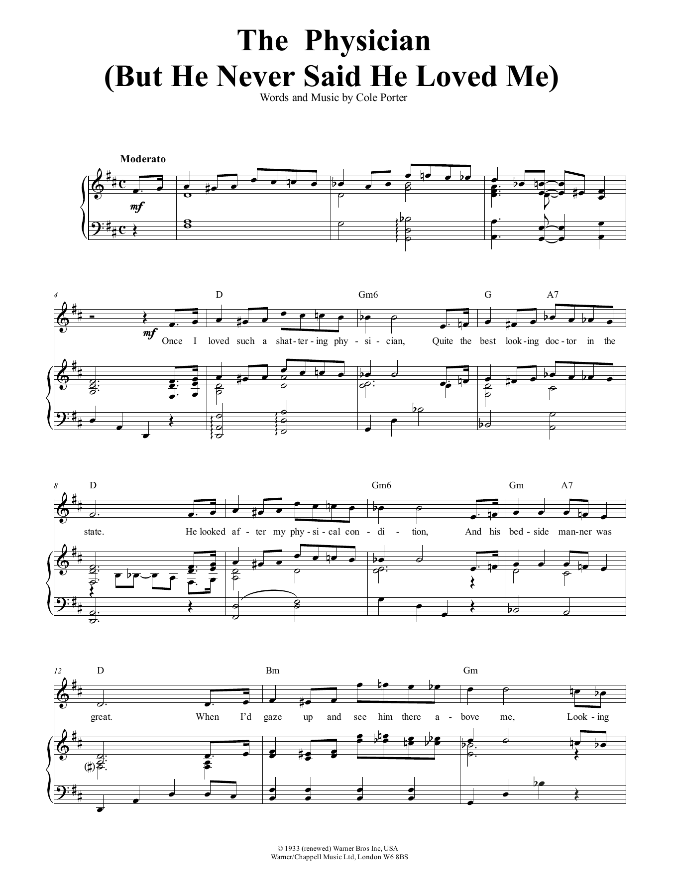 Cole Porter The Physician Sheet Music Notes & Chords for Piano, Vocal & Guitar (Right-Hand Melody) - Download or Print PDF