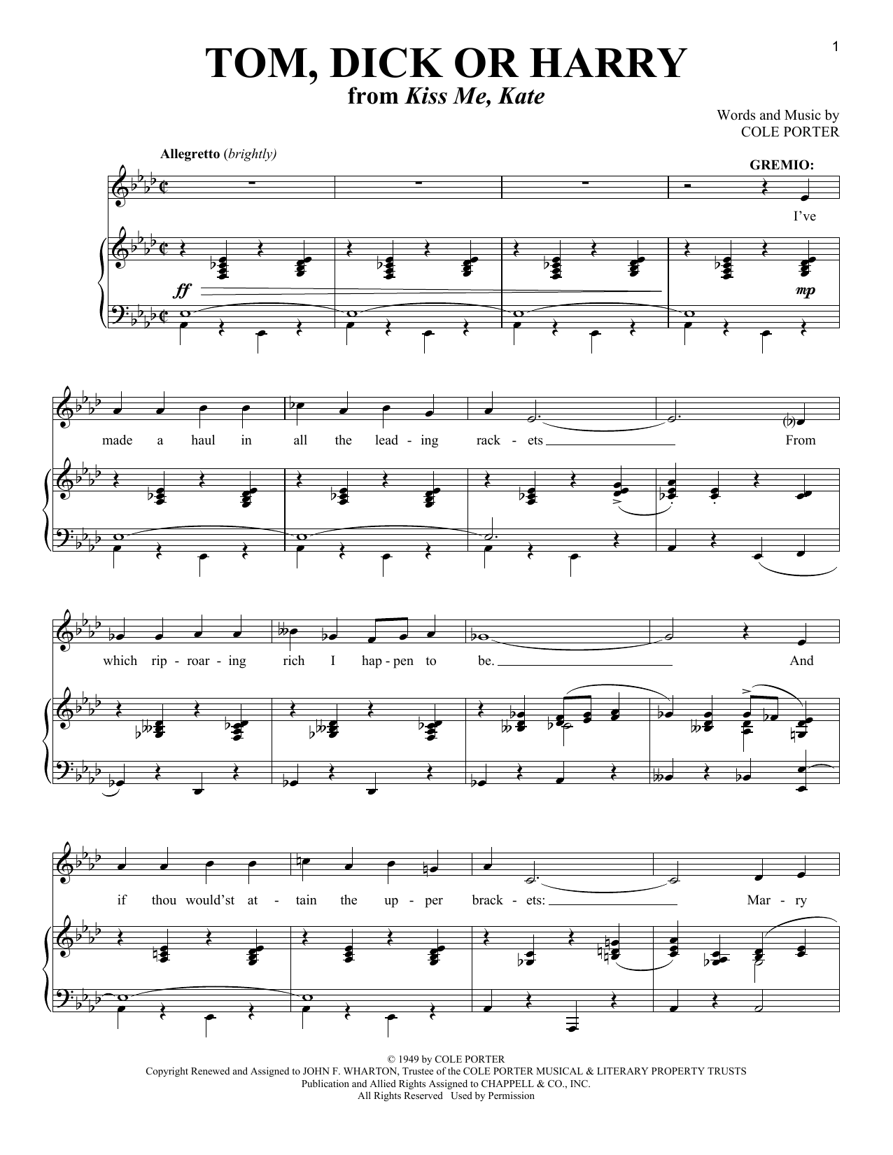 Cole Porter Tom, Dick Or Harry (from Kiss Me, Kate) Sheet Music Notes & Chords for Piano & Vocal - Download or Print PDF
