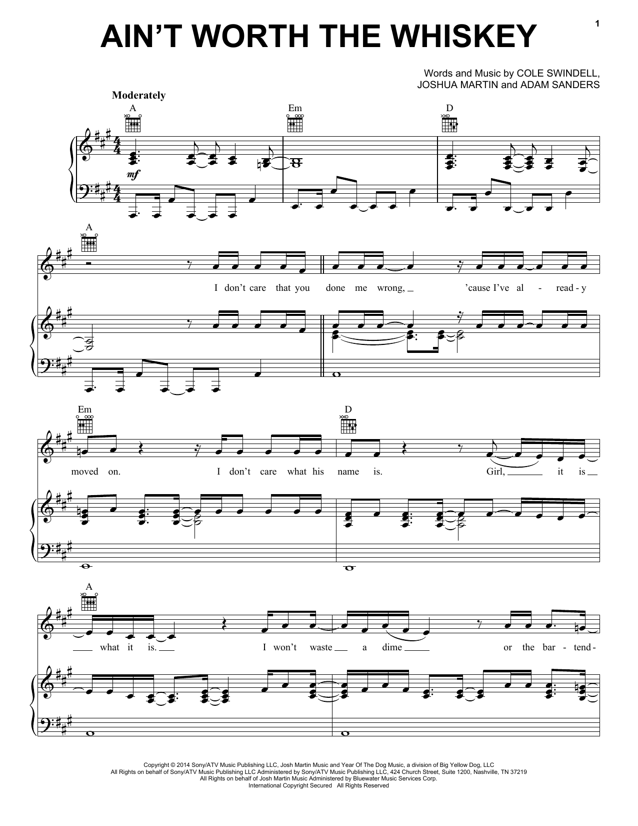 Cole Swindell Ain't Worth The Whiskey Sheet Music Notes & Chords for Piano, Vocal & Guitar (Right-Hand Melody) - Download or Print PDF