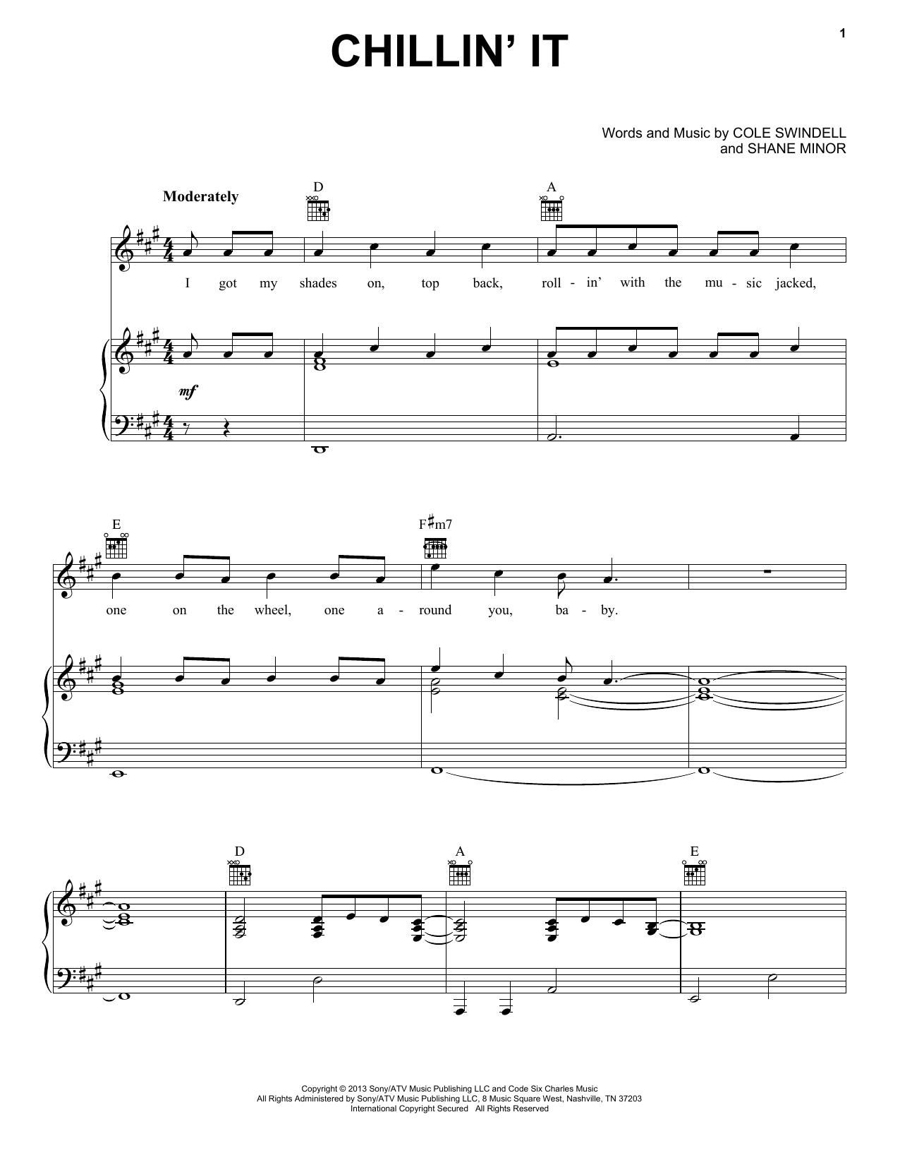 Cole Swindell Chillin' It Sheet Music Notes & Chords for Piano, Vocal & Guitar (Right-Hand Melody) - Download or Print PDF