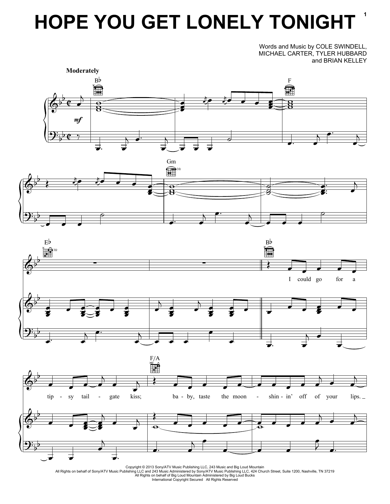 Cole Swindell Hope You Get Lonely Tonight Sheet Music Notes & Chords for Piano, Vocal & Guitar (Right-Hand Melody) - Download or Print PDF