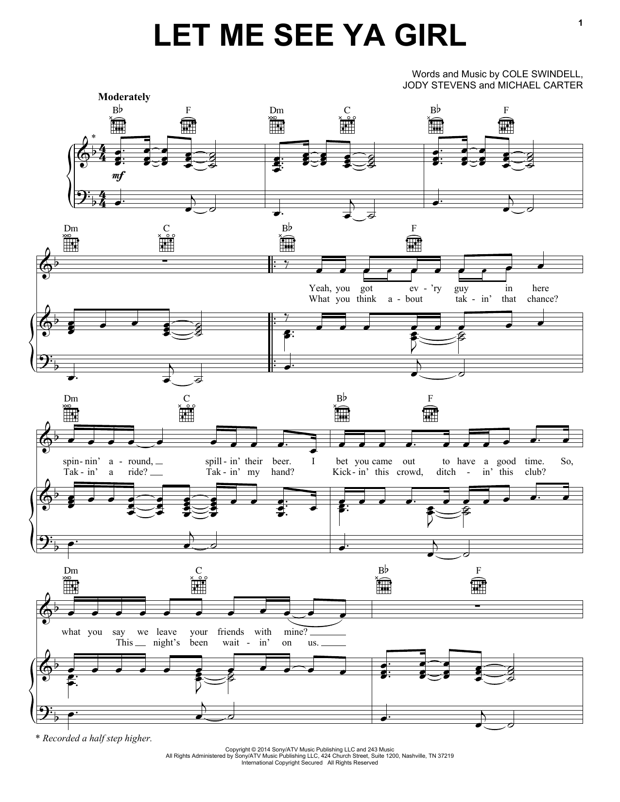 Cole Swindell Let Me See Ya Girl Sheet Music Notes & Chords for Piano, Vocal & Guitar (Right-Hand Melody) - Download or Print PDF