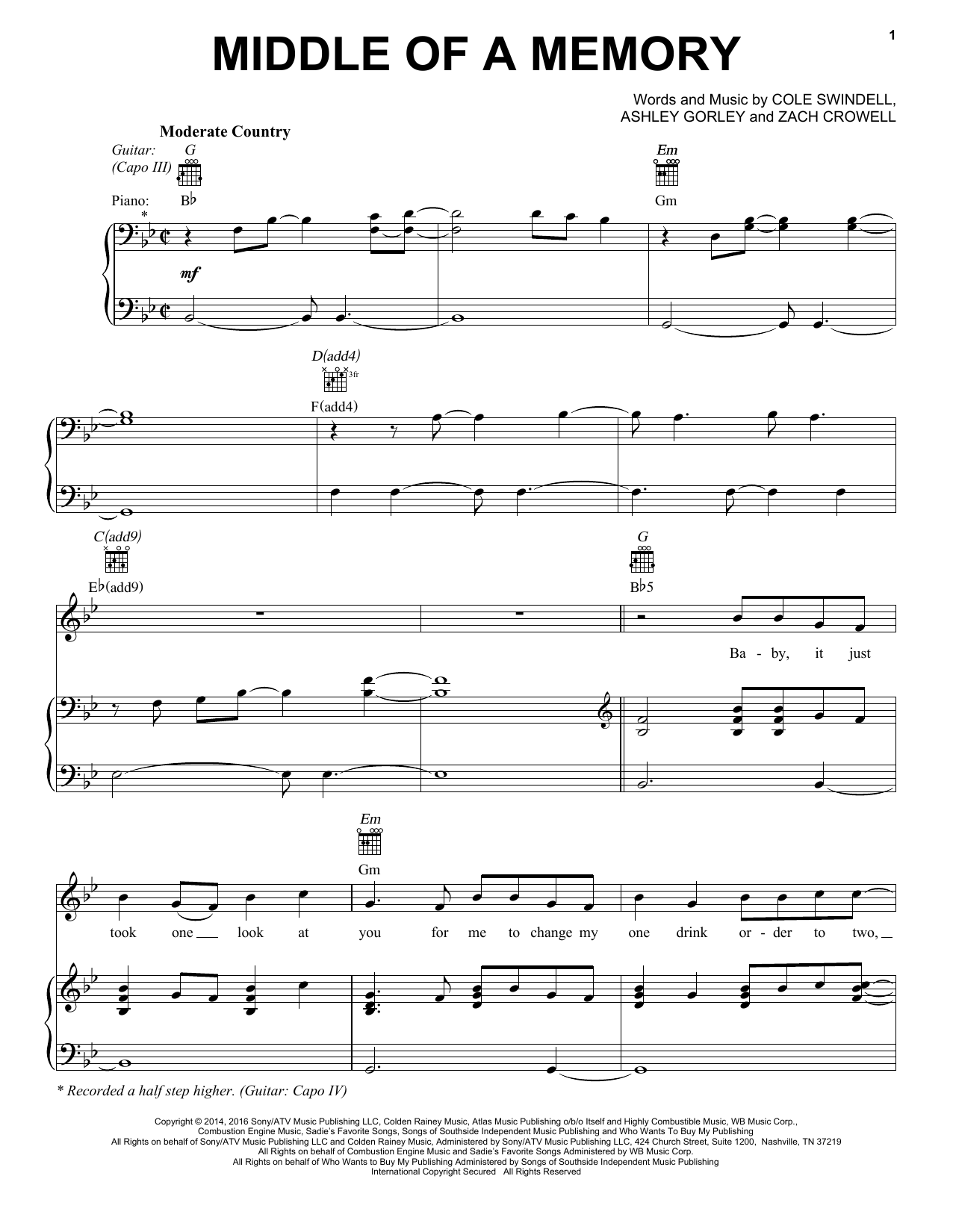 Cole Swindell Middle Of A Memory Sheet Music Notes & Chords for Piano, Vocal & Guitar (Right-Hand Melody) - Download or Print PDF