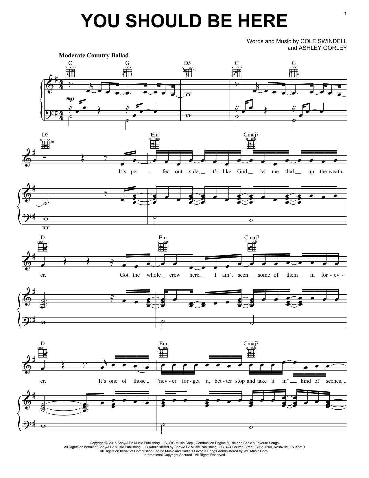 Cole Swindell You Should Be Here Sheet Music Notes & Chords for Piano, Vocal & Guitar (Right-Hand Melody) - Download or Print PDF