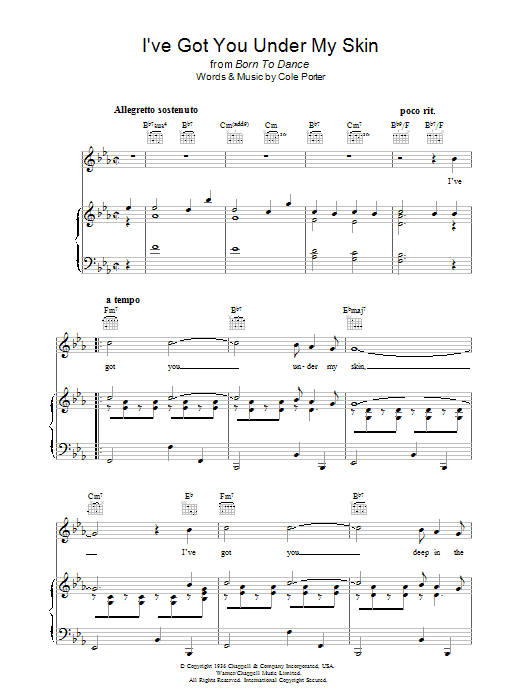Preview Cole Porter I've Got You Under My Skin Standards sheet music, notes and chords for Piano, Vocal & Guitar (Right-Hand Melody), SKU: 40705 I've Got You Under My Skin sheet music