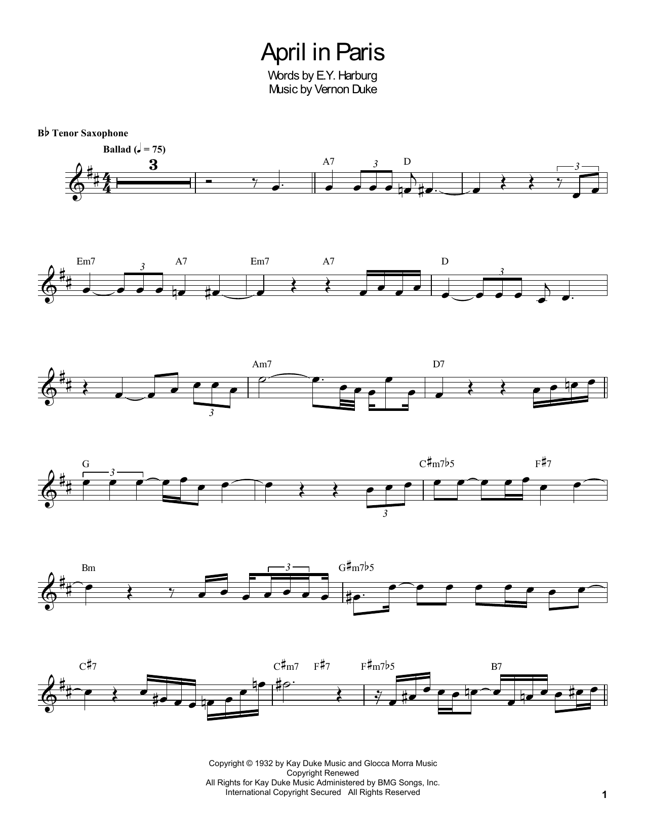 Coleman Hawkins April In Paris Sheet Music Notes & Chords for Tenor Sax Transcription - Download or Print PDF