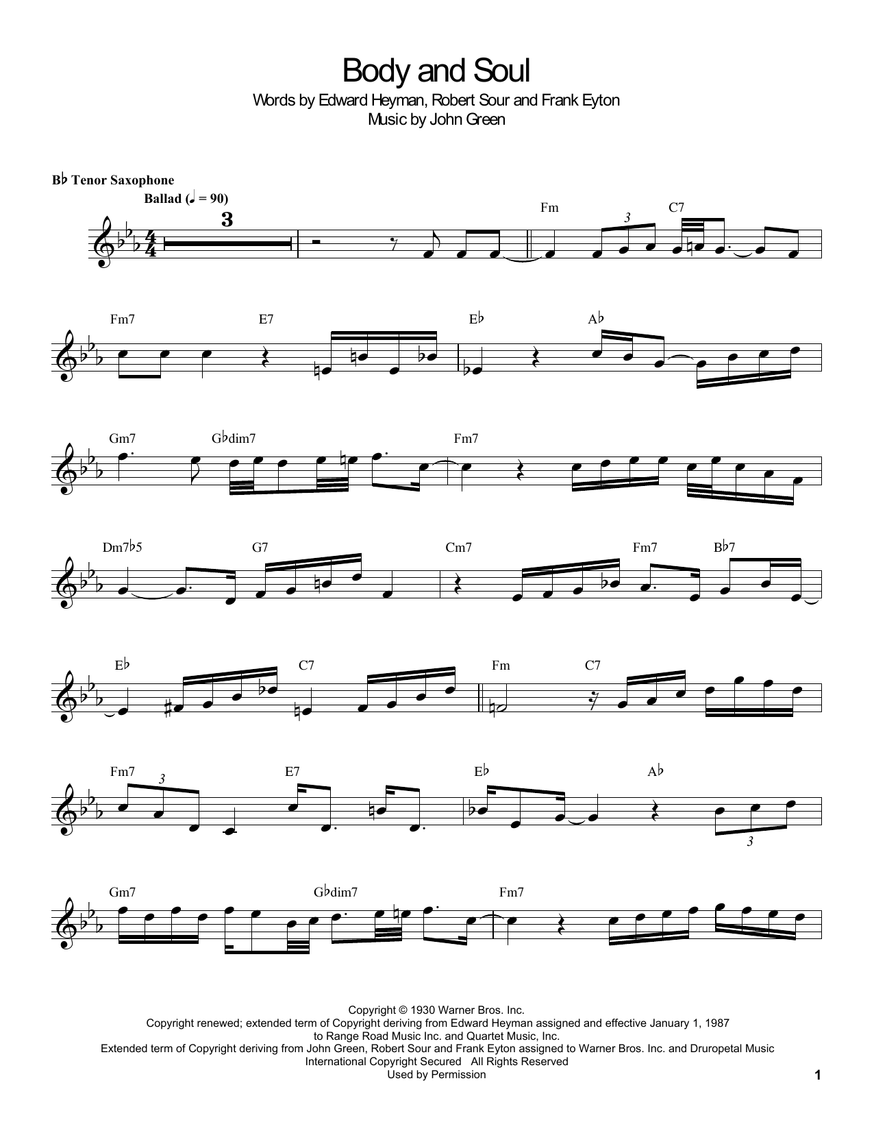 Coleman Hawkins Body And Soul Sheet Music Notes & Chords for Tenor Sax Transcription - Download or Print PDF