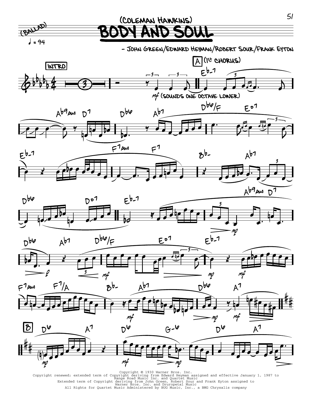 Coleman Hawkins Body And Soul (solo only) Sheet Music Notes & Chords for Real Book – Melody & Chords - Download or Print PDF