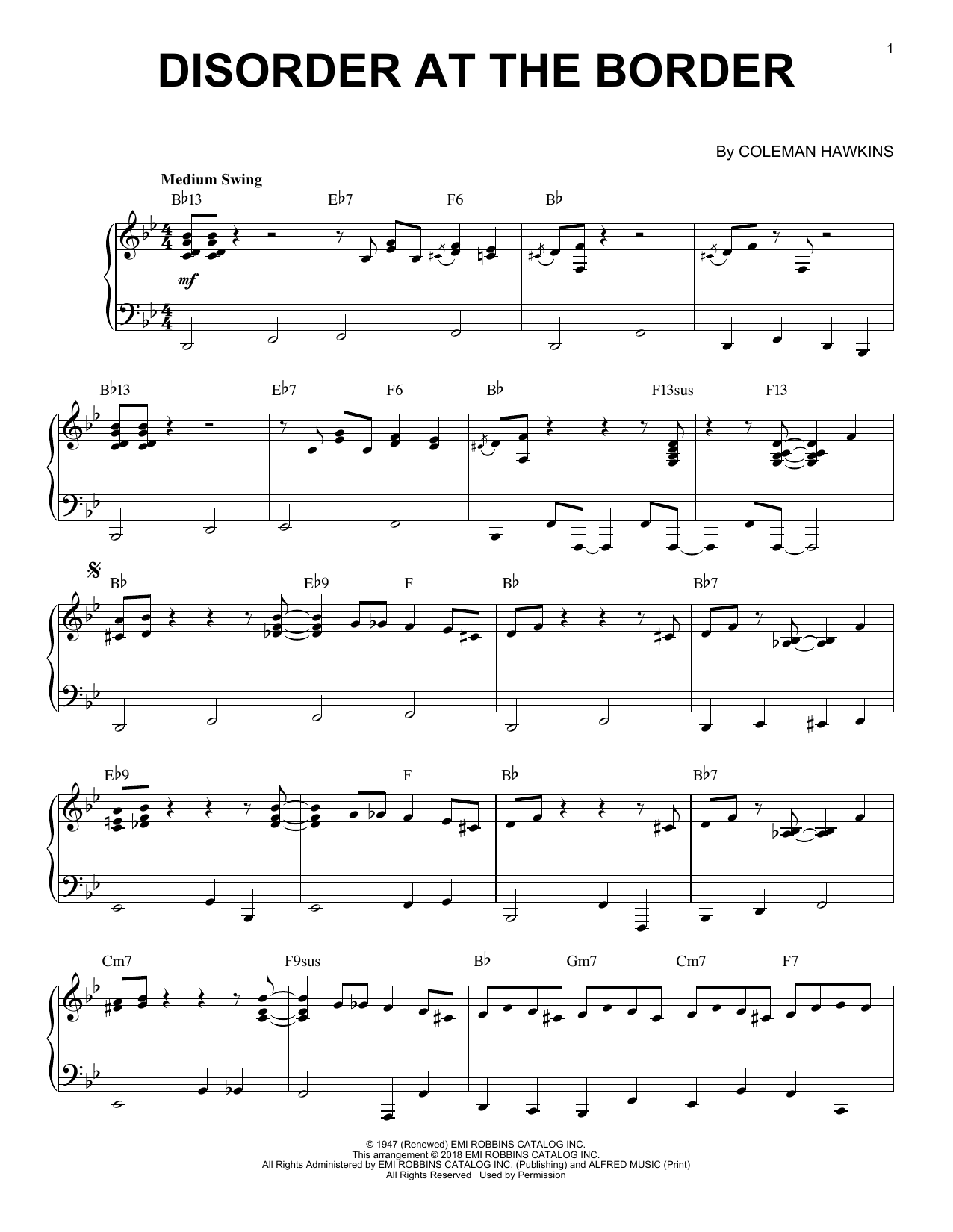 Coleman Hawkins Disorder At The Border Sheet Music Notes & Chords for Piano - Download or Print PDF
