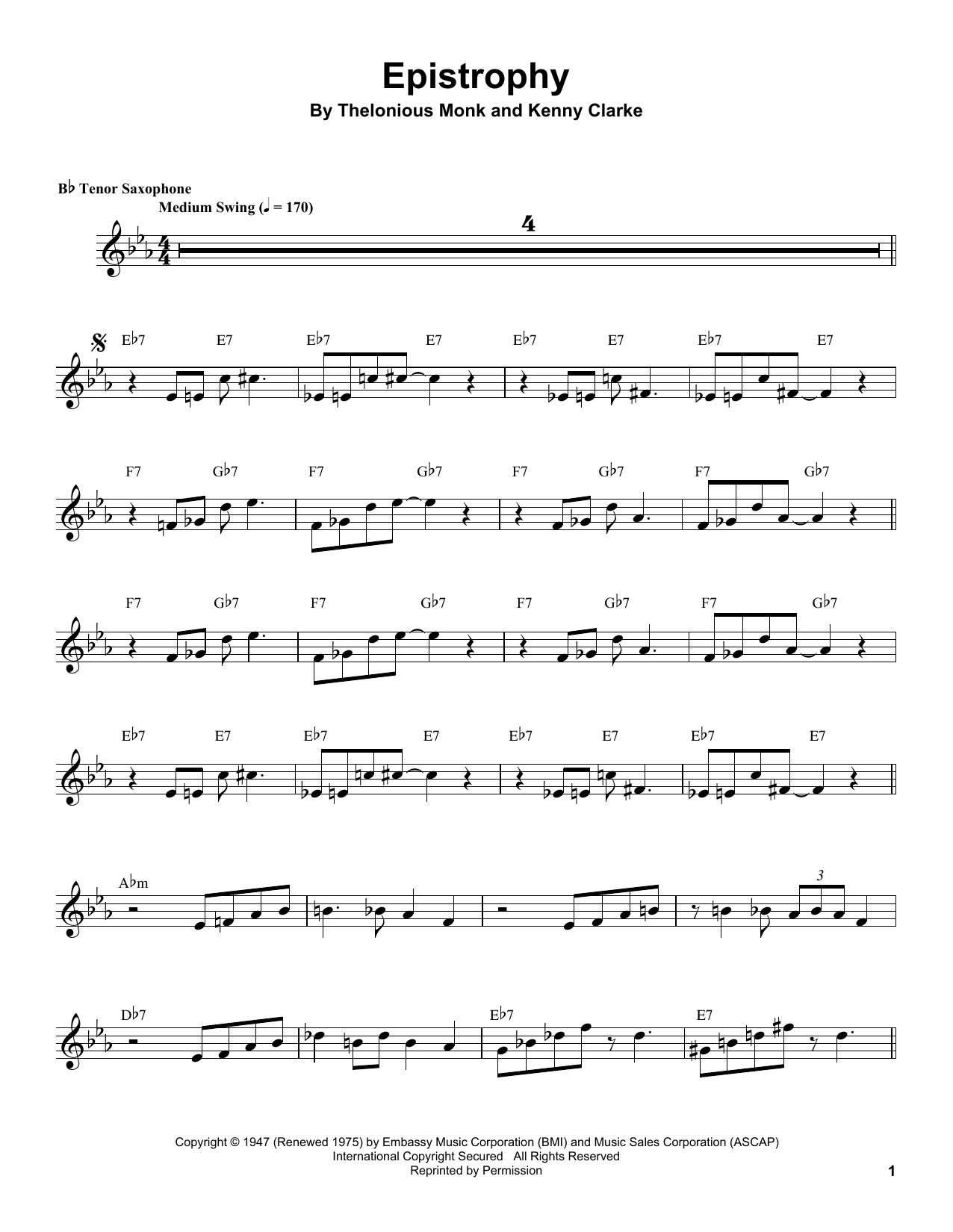 Coleman Hawkins Epistrophy Sheet Music Notes & Chords for Tenor Sax Transcription - Download or Print PDF