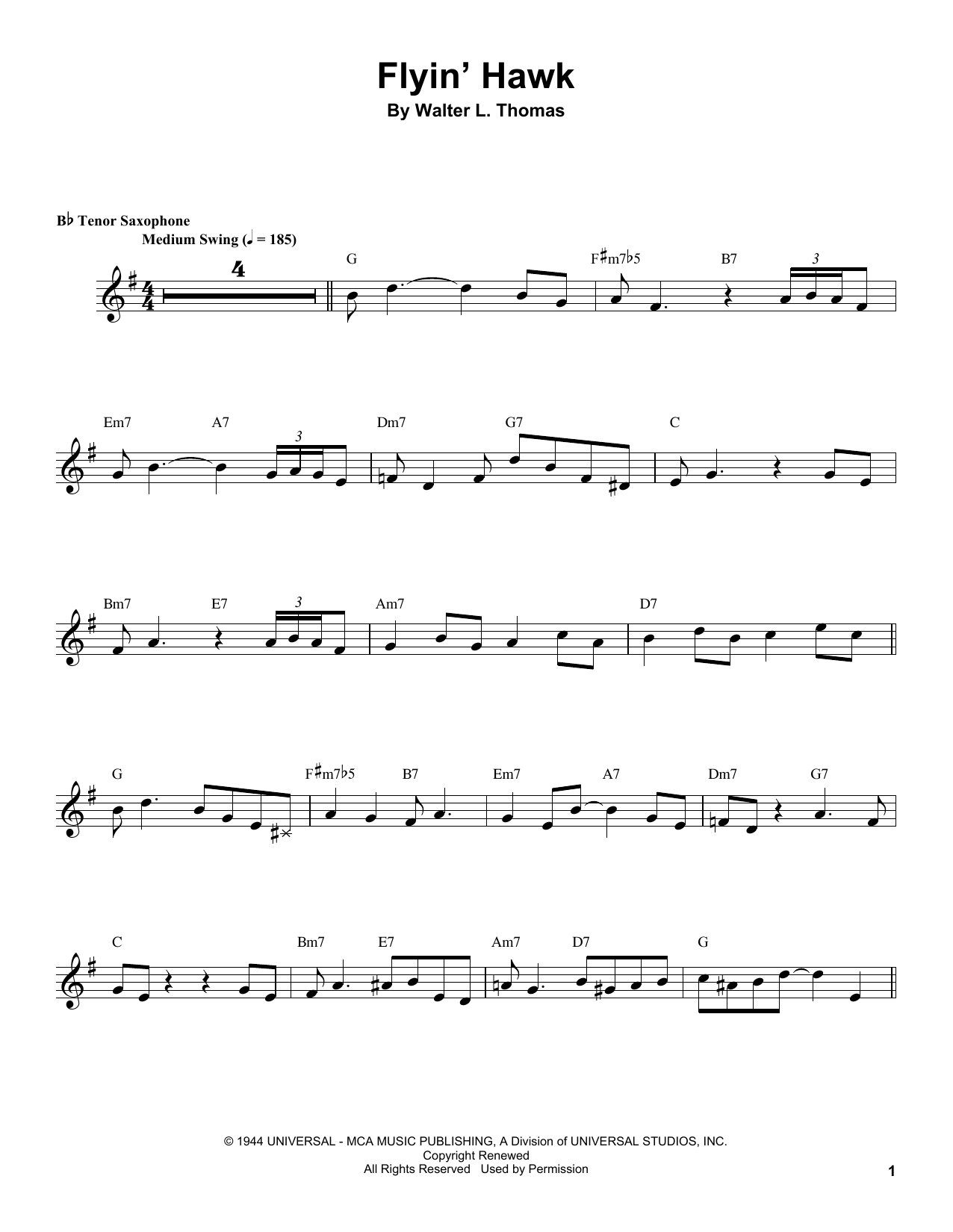 Coleman Hawkins Flyin' Hawk Sheet Music Notes & Chords for Tenor Sax Transcription - Download or Print PDF