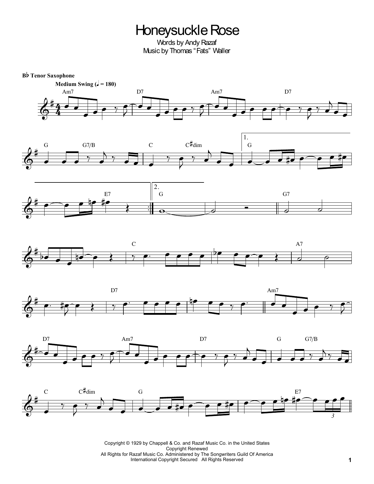 Coleman Hawkins Honeysuckle Rose Sheet Music Notes & Chords for Tenor Sax Transcription - Download or Print PDF
