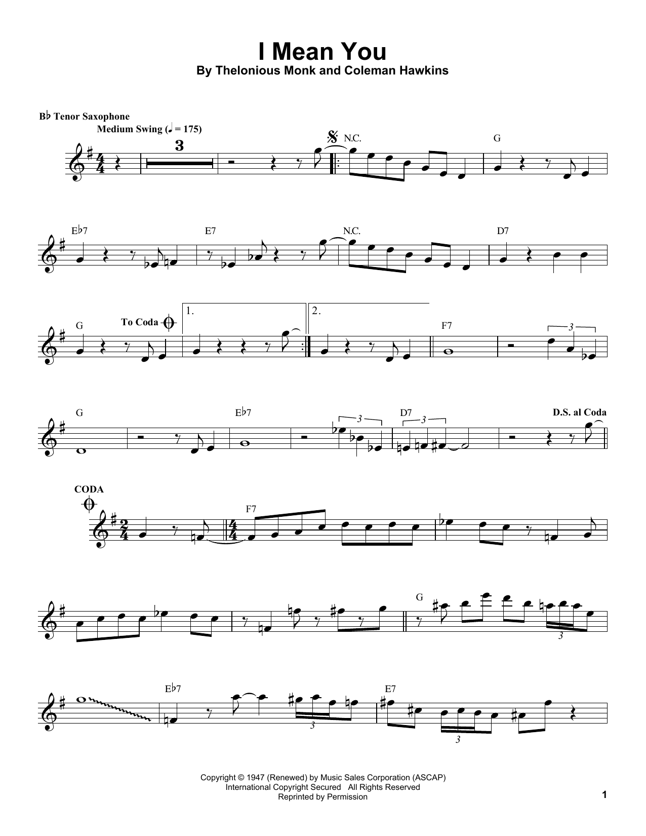 Coleman Hawkins I Mean You Sheet Music Notes & Chords for Tenor Sax Transcription - Download or Print PDF