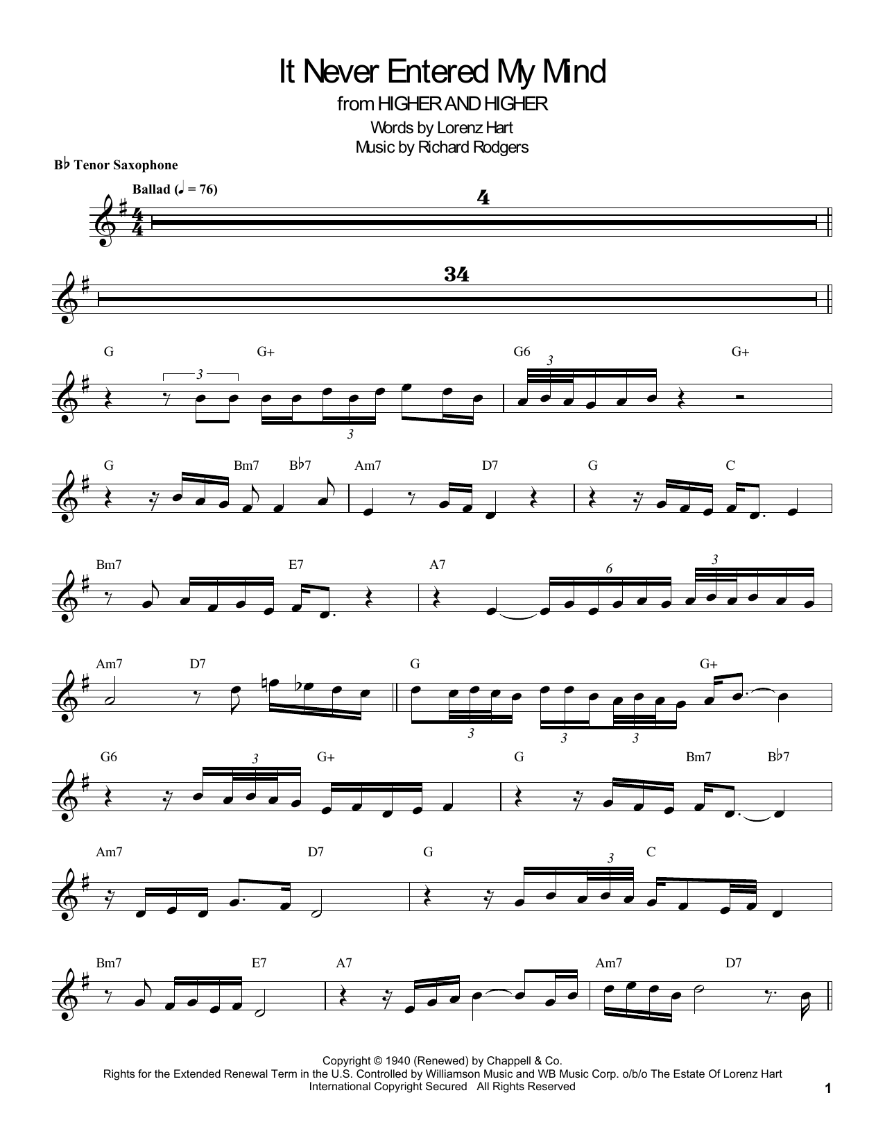 Coleman Hawkins It Never Entered My Mind Sheet Music Notes & Chords for Tenor Sax Transcription - Download or Print PDF