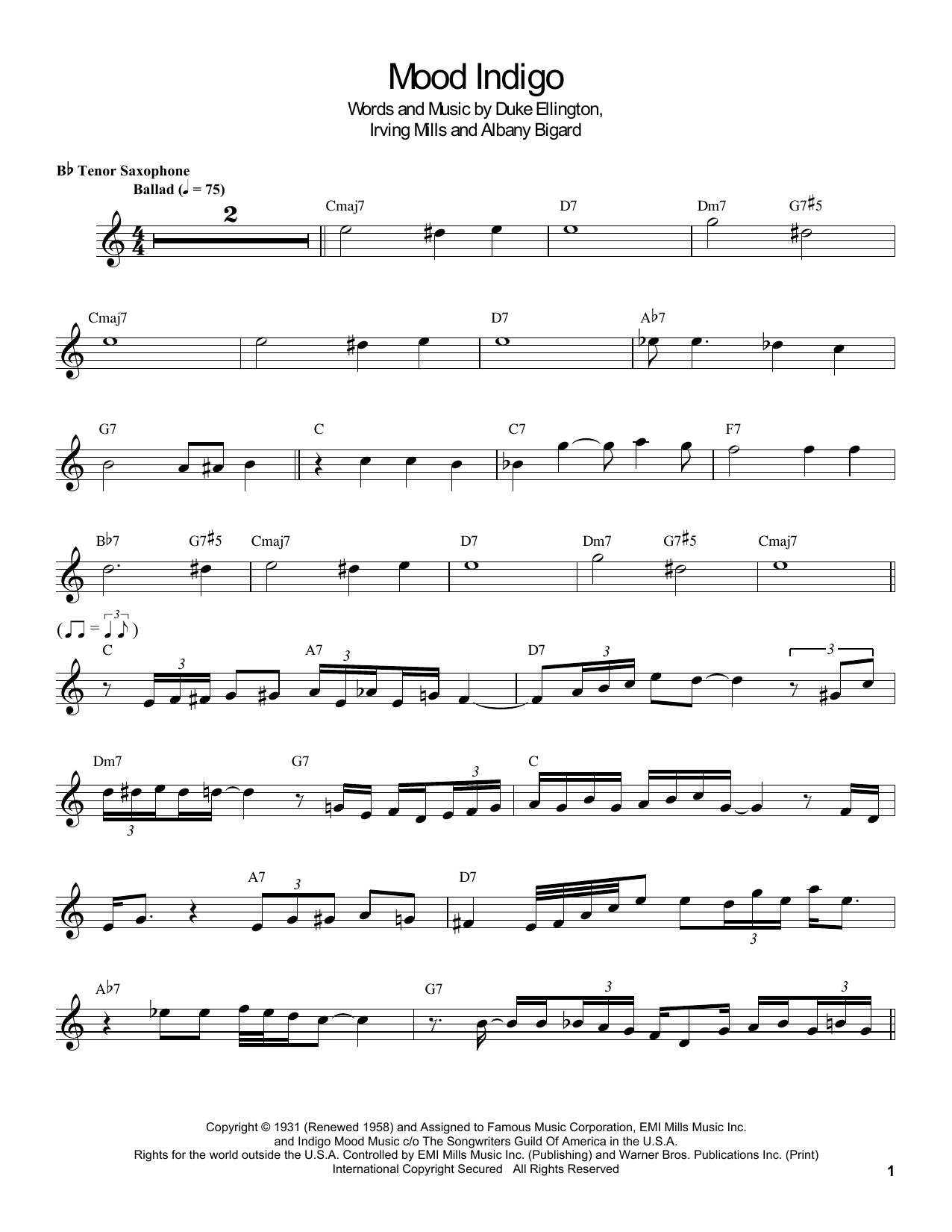 Coleman Hawkins Mood Indigo Sheet Music Notes & Chords for Tenor Sax Transcription - Download or Print PDF