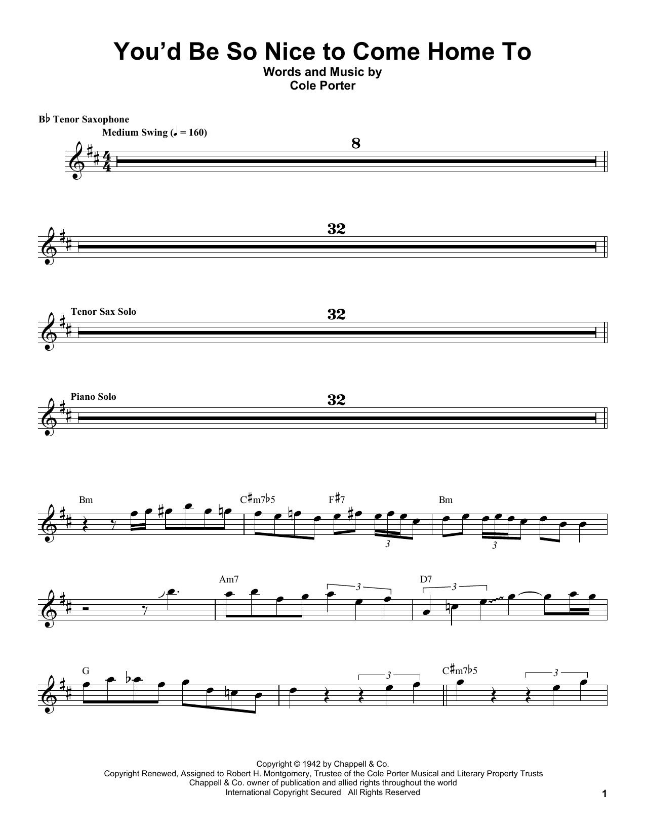 Coleman Hawkins You'd Be So Nice To Come Home To Sheet Music Notes & Chords for Tenor Sax Transcription - Download or Print PDF