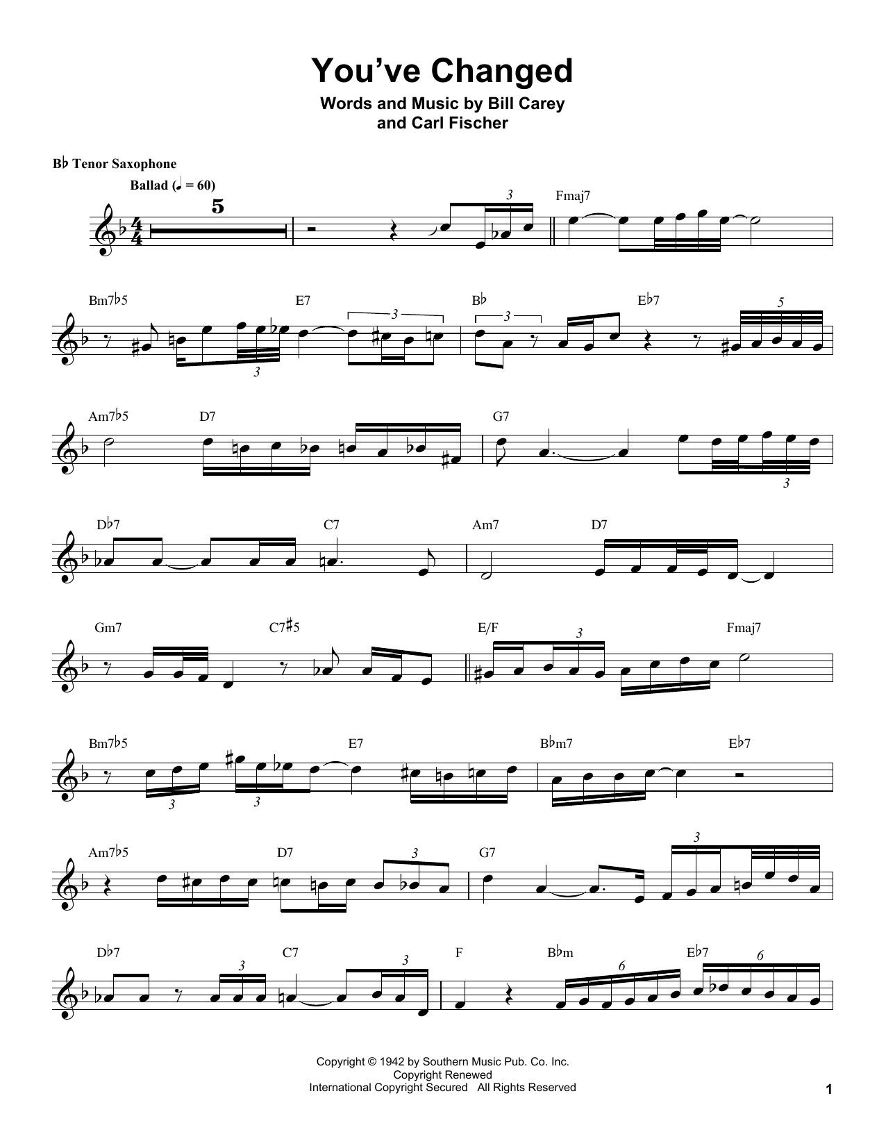 Coleman Hawkins You've Changed Sheet Music Notes & Chords for Tenor Sax Transcription - Download or Print PDF