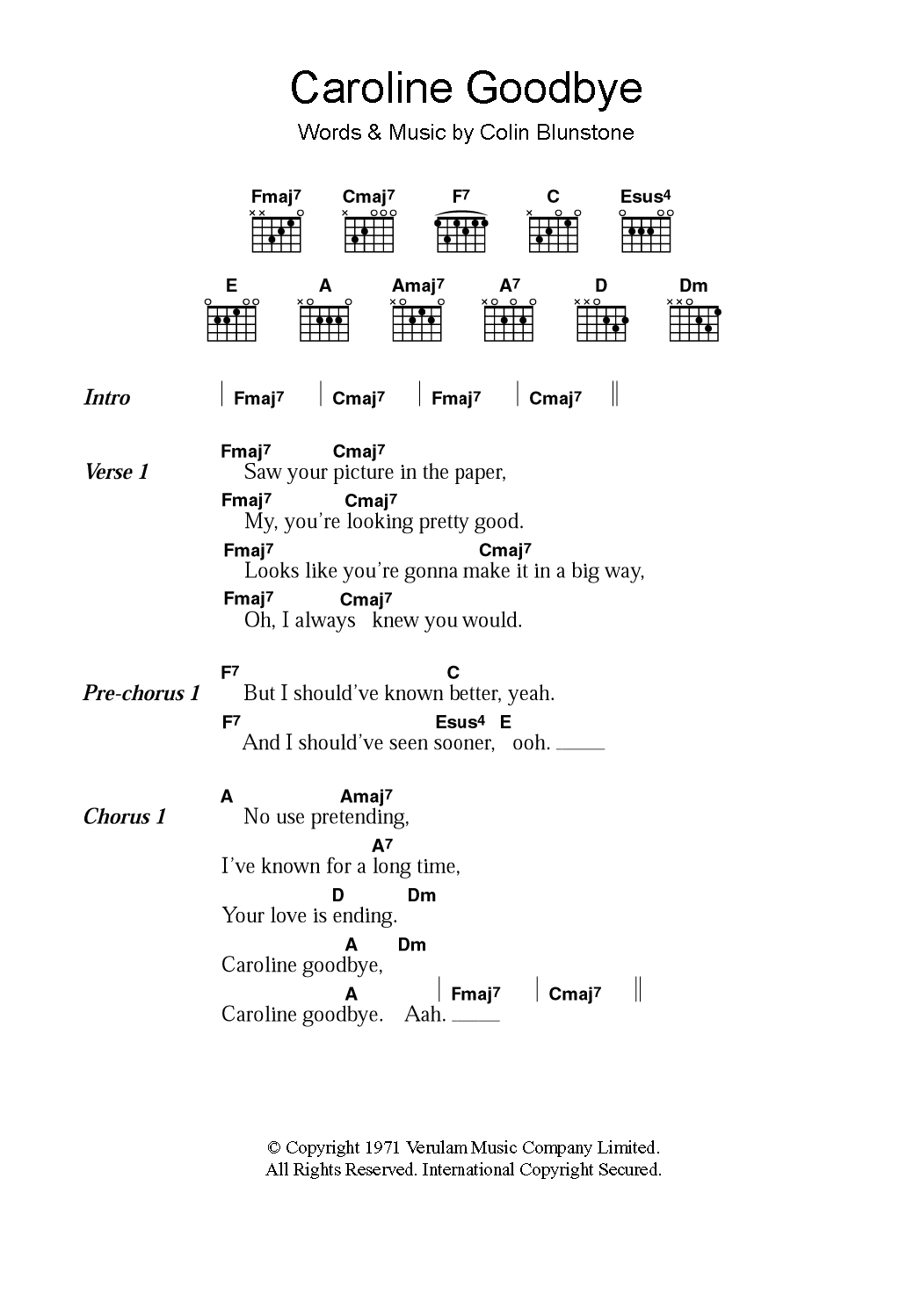 Colin Blunstone Caroline Goodbye Sheet Music Notes & Chords for Lyrics & Chords - Download or Print PDF