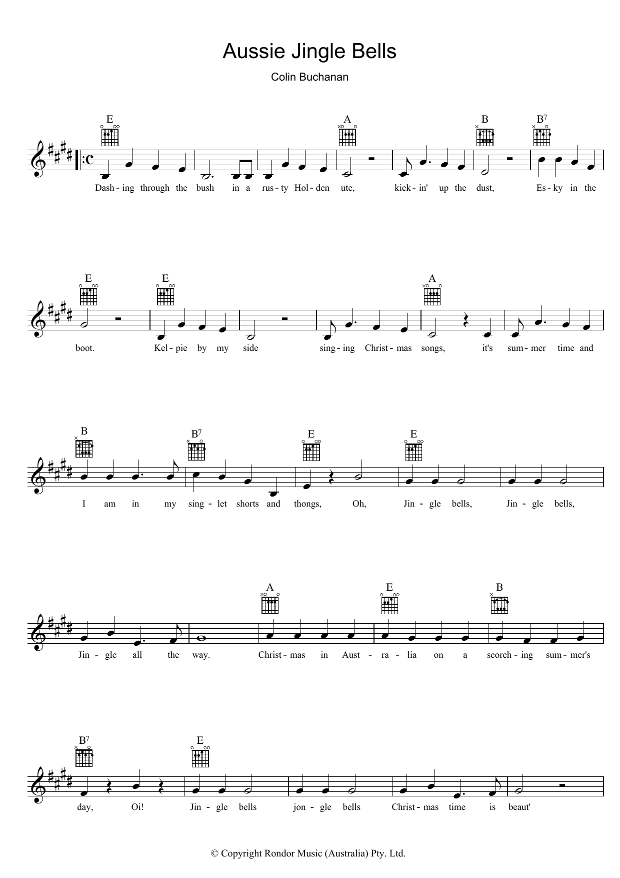 Colin Buchanan Aussie Jingle Bells Sheet Music Notes & Chords for Melody Line, Lyrics & Chords - Download or Print PDF
