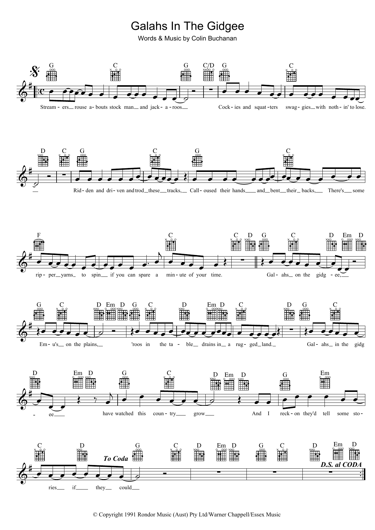 Colin Buchanan Galahs In The Gidgee Sheet Music Notes & Chords for Melody Line, Lyrics & Chords - Download or Print PDF